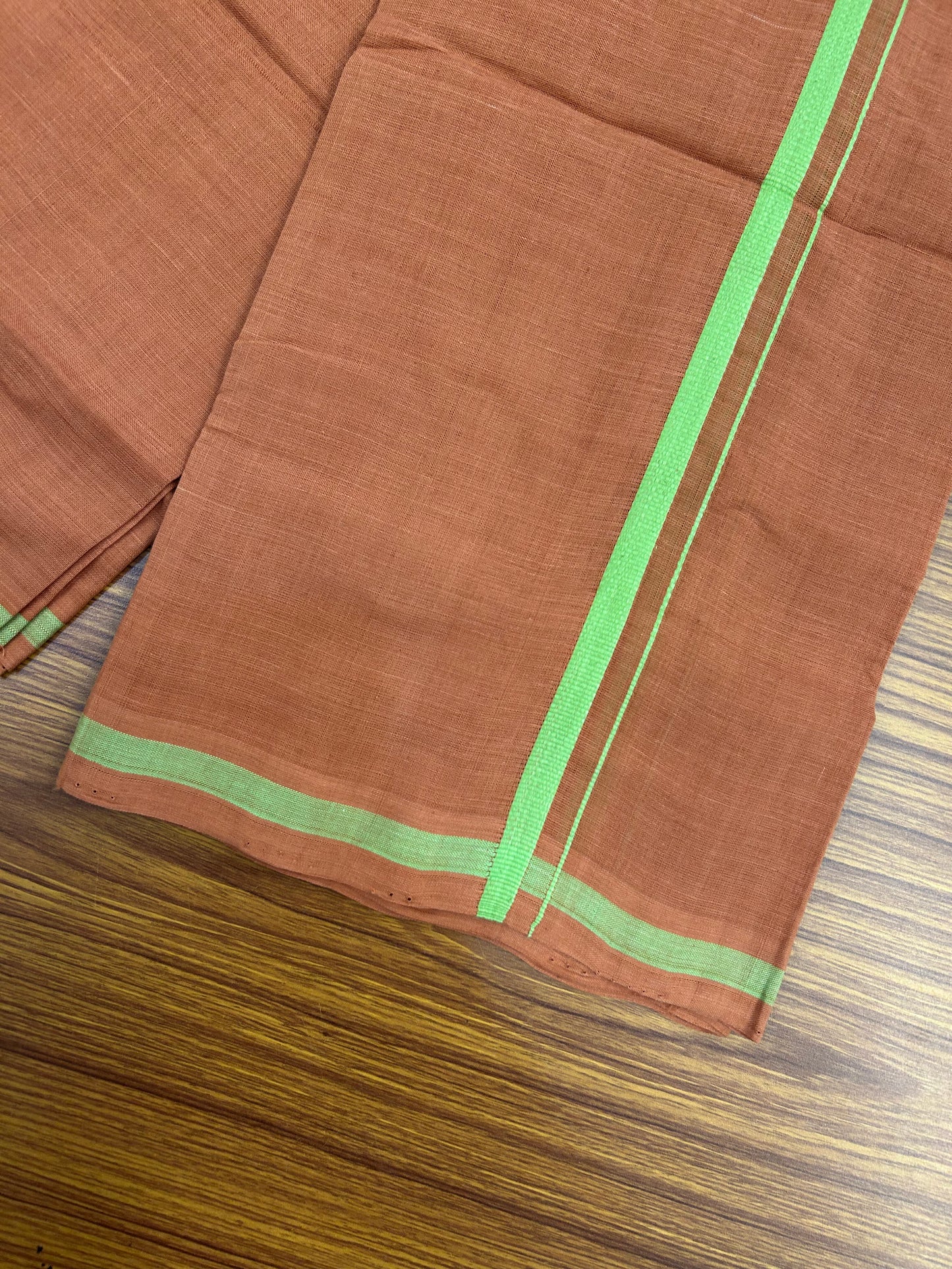 Kerala Handloom Single  - KaithariKada 100% Pure Cotton - Mundu/Dhoti Kavi Body & 0.75 inch Green Kara - (2 meter / 4 muzham)- 30 KK8051 ELA