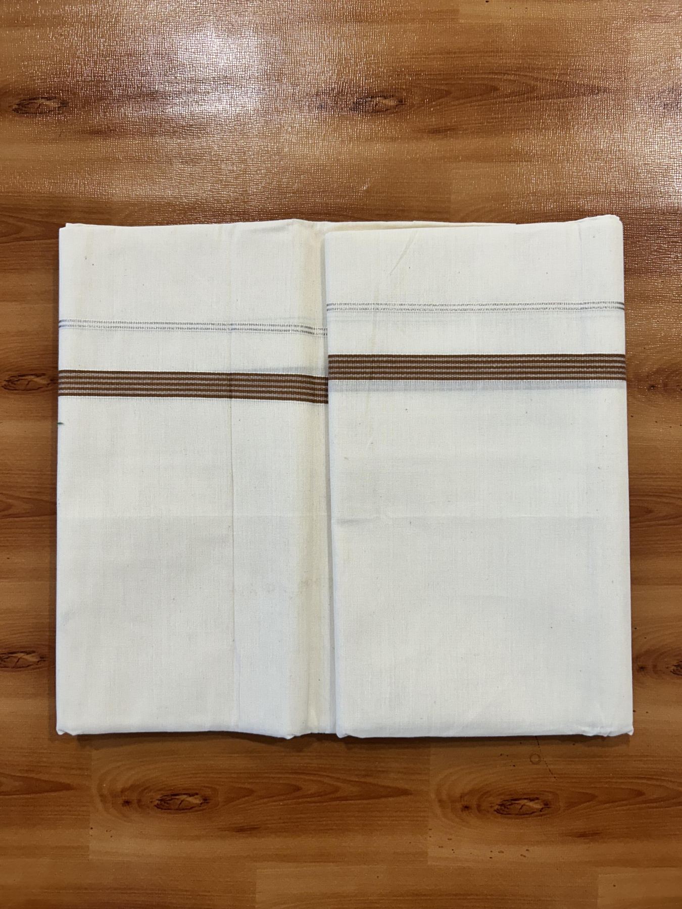 Single Off White (Unbleached) Mundu/Dhoti - 8% Discount! KaithariKada 100% Cotton - 70X30 - 0.5 inch Silver Kasavu Brown Striped Kara (2 meter / 4 muzham) - 4 KK5461 PMC