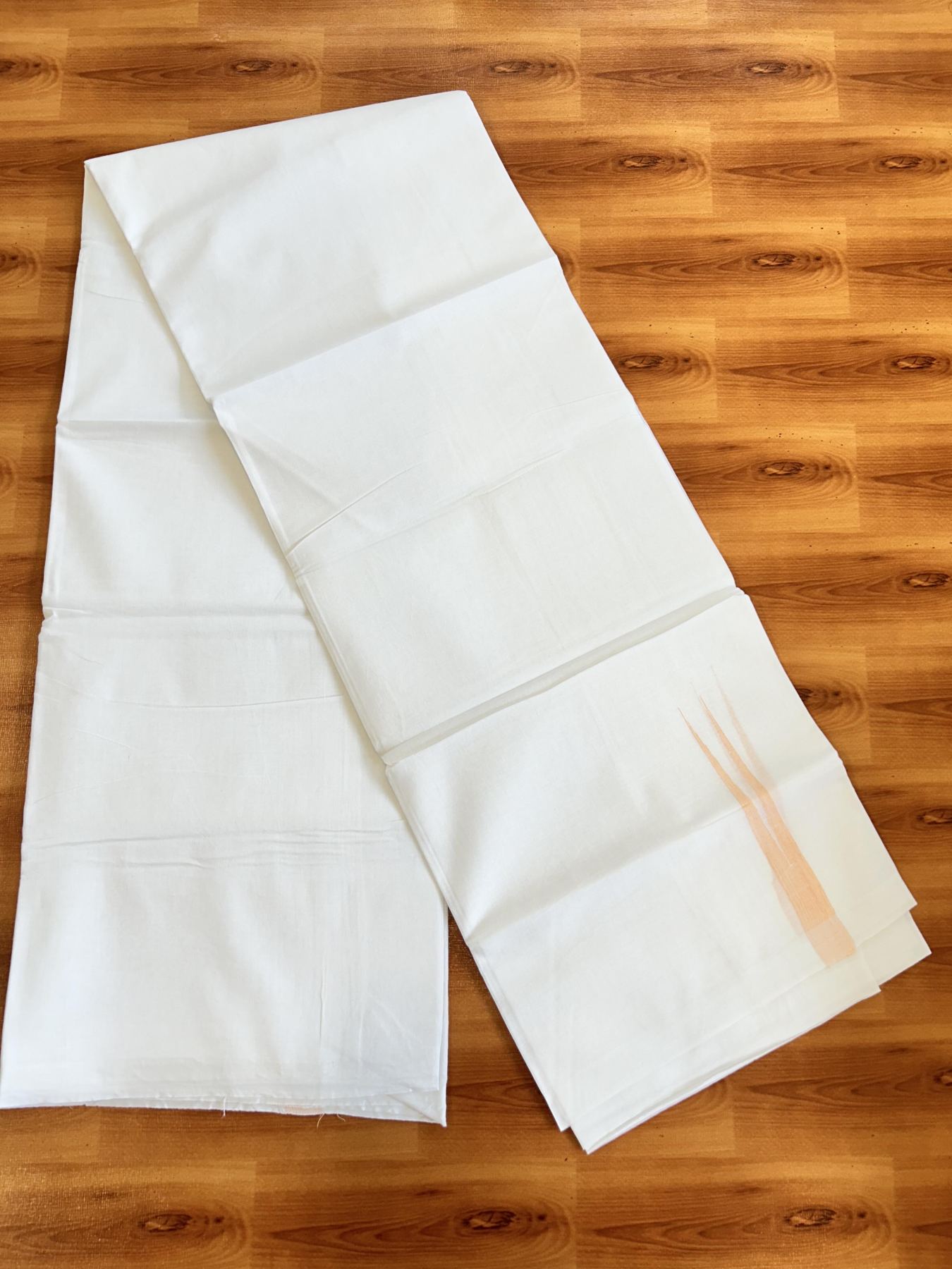 Double Pure White Mundu/Dhoti - 20% Discount !! KaithariKada Balaramapuram 100% Cotton - 100x80 - 2 cm Peach Orange Stripes Chutty Kara 3.80 mtr (8 muzham) - 9 KK5411 CKS