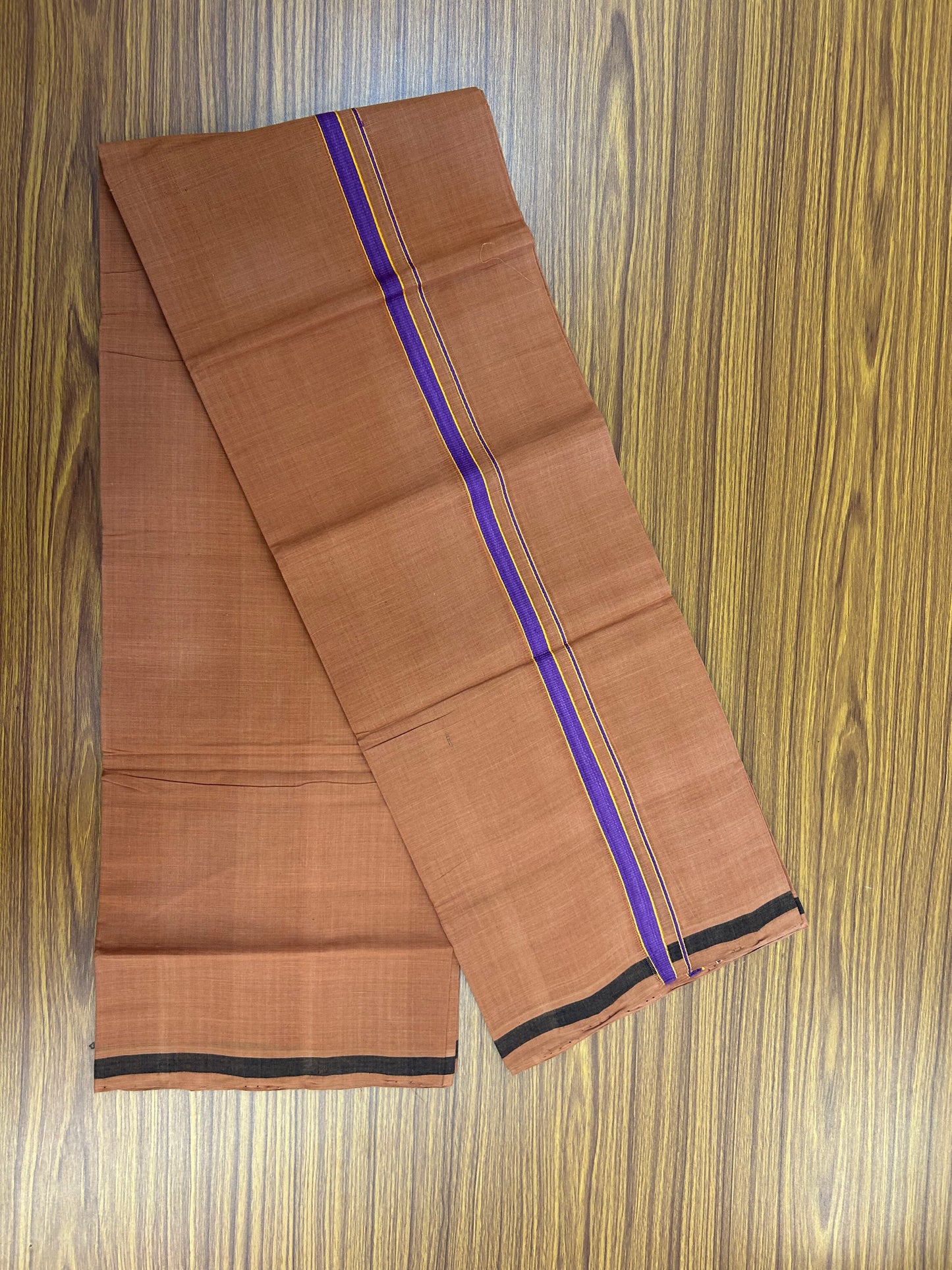 Kerala Handloom Single  - KaithariKada 100% Pure Cotton - Mundu/Dhoti Kavi Body & 0.75 inch Violet & Orange Kara - (2 meter / 4 muzham)- 32 KK8051 ELA