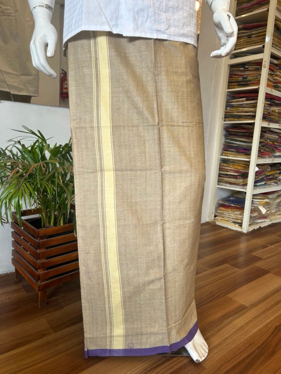 10% DISCOUNT ! KaithariKada Kalamachal 100% Pure Cotton - (80X80) Twisted Thread Handloom Single Mundu/Dhoti - YELLOW GREY COLOUR  BODY & Light Yellow STRIPES 1.75 inch Kara- 8KK479KAL