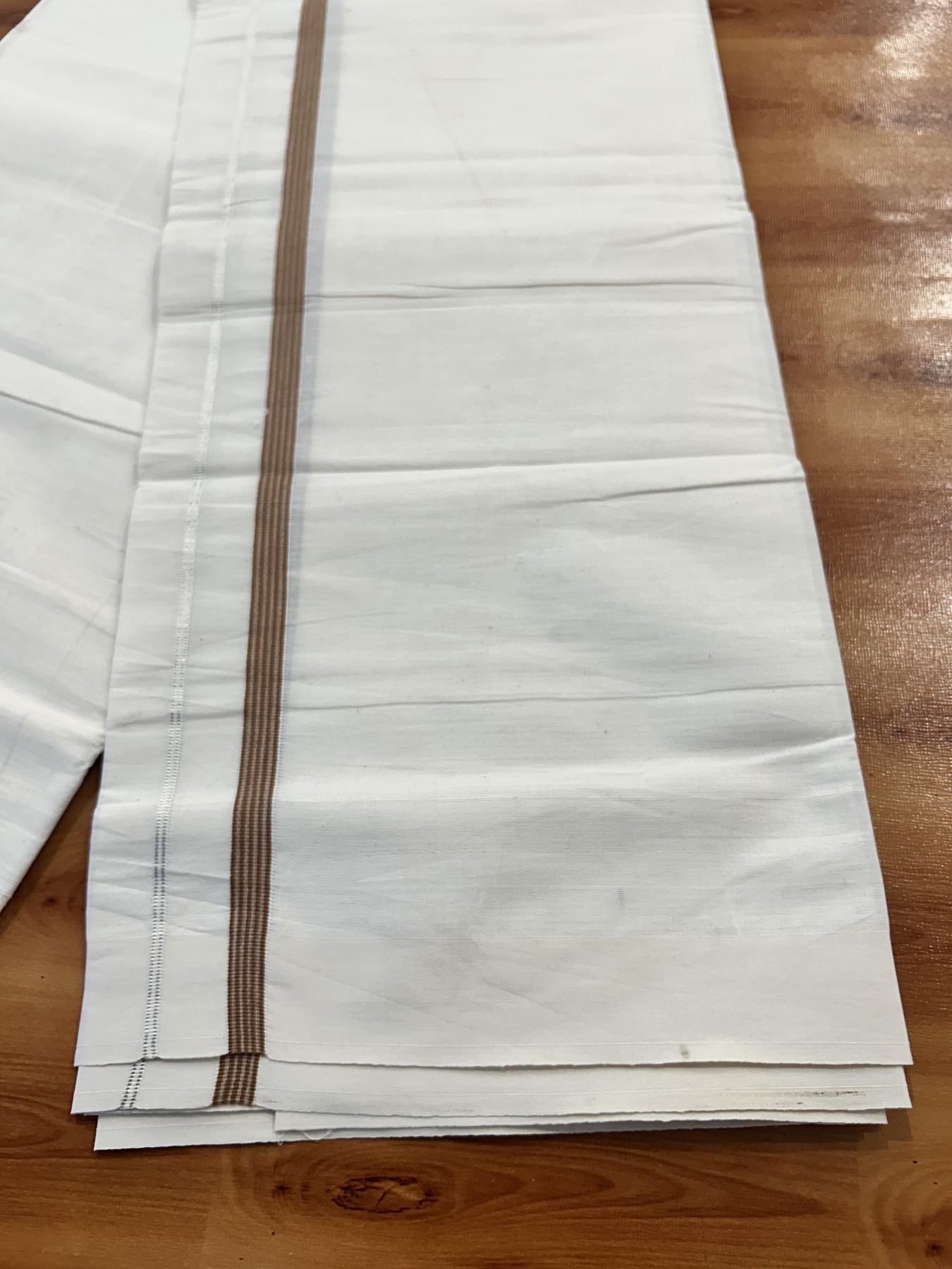 Single Off White (Unbleached) Mundu/Dhoti - 8% Discount! KaithariKada 100% Cotton - 70X30 - 0.5 inch Silver Kasavu Brown Striped Kara (2 meter / 4 muzham) - 4 KK5461 PMC