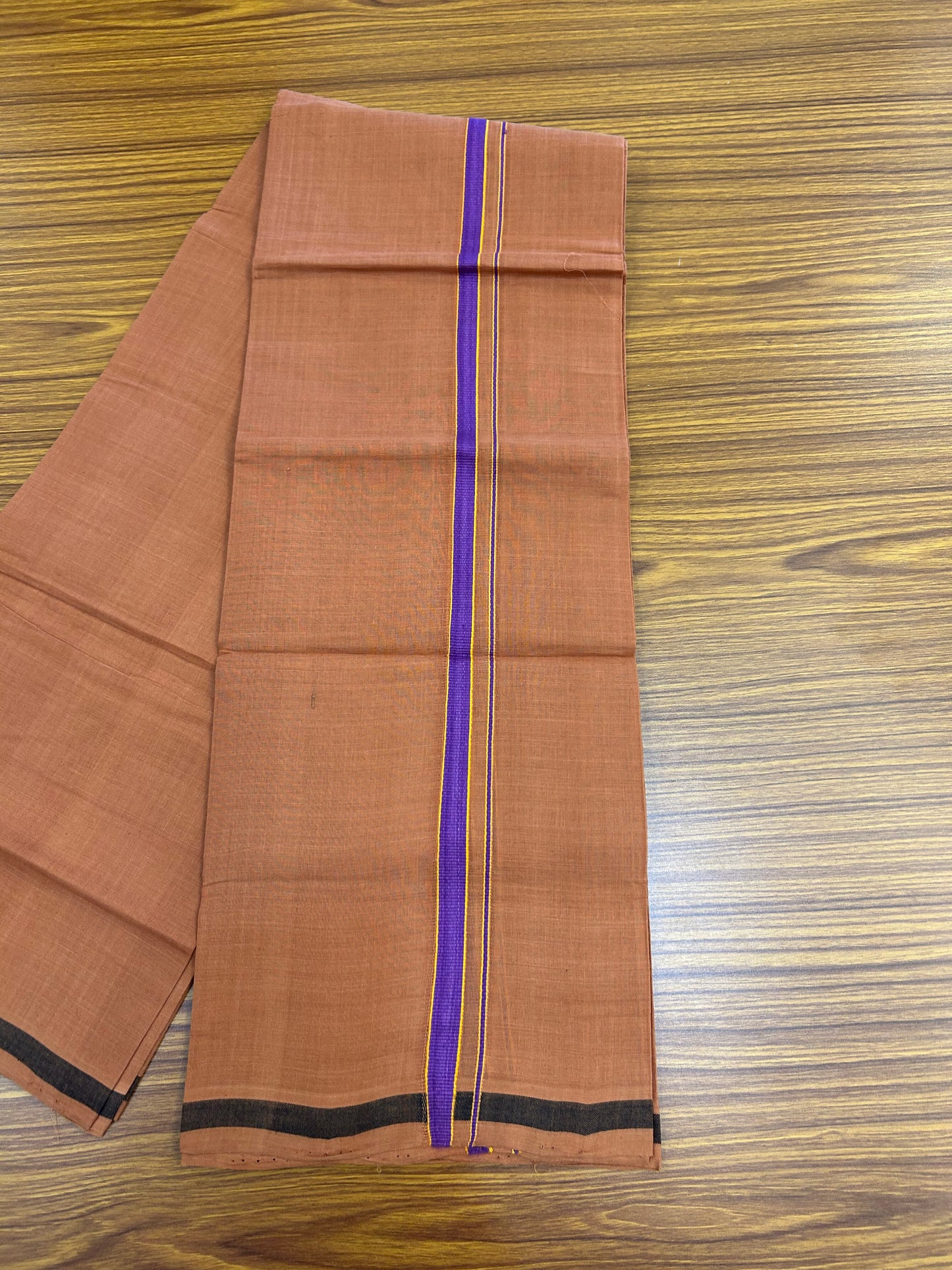 Kerala Handloom Single  - KaithariKada 100% Pure Cotton - Mundu/Dhoti Kavi Body & 0.75 inch Violet & Orange Kara - (2 meter / 4 muzham)- 32 KK8051 ELA