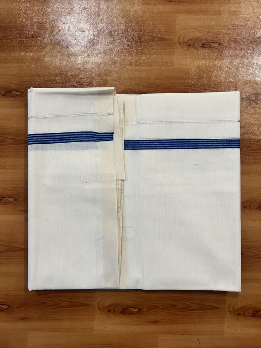 Single Off White (Unbleached) Mundu/Dhoti - 8% Discount! KaithariKada 100% Cotton - 70X30 - 0.5 inch Silver Kasavu Blue Striped Kara (2 meter / 4 muzham) - 5 KK5461 PMC