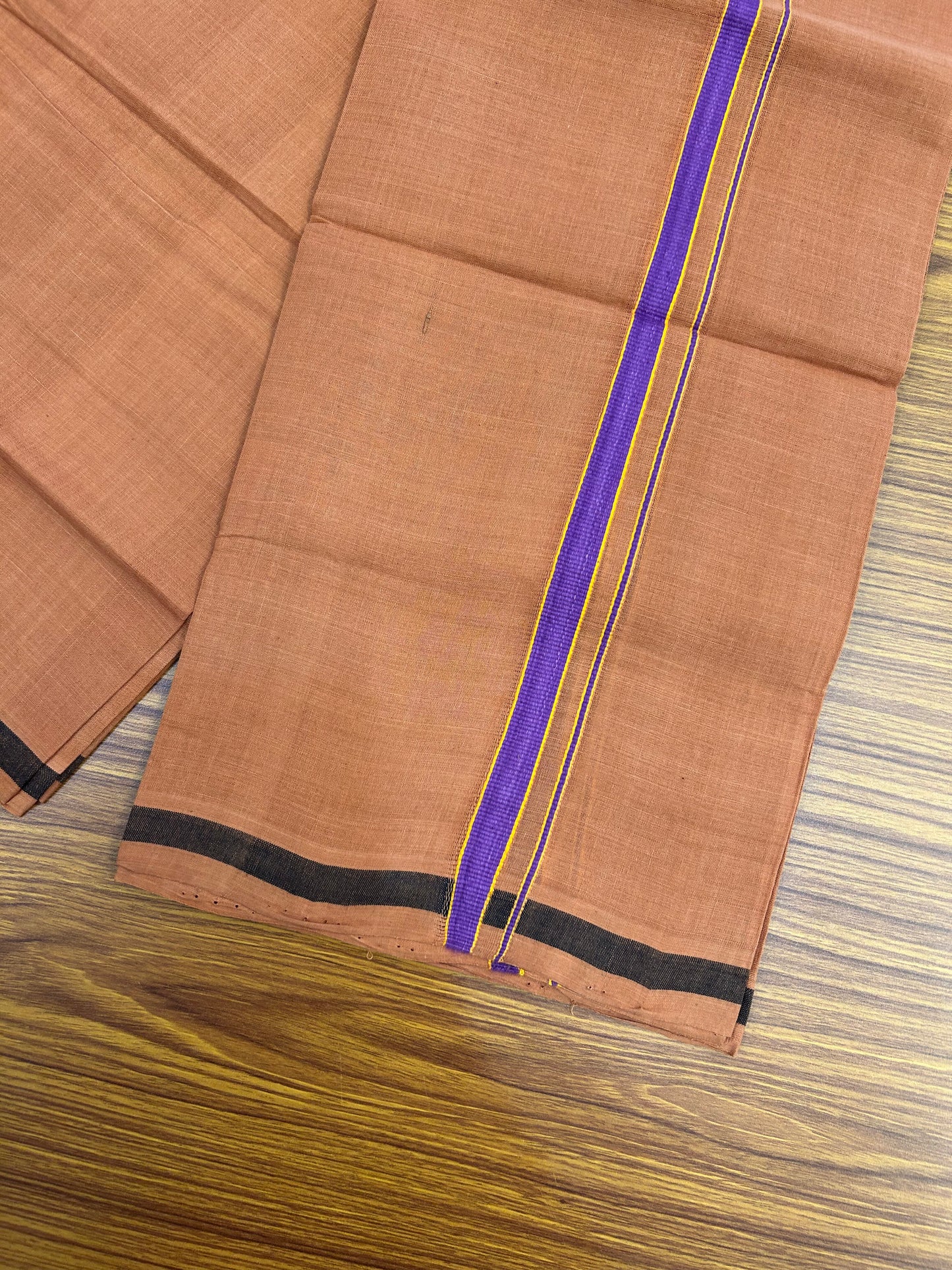 Kerala Handloom Single  - KaithariKada 100% Pure Cotton - Mundu/Dhoti Kavi Body & 0.75 inch Violet & Orange Kara - (2 meter / 4 muzham)- 32 KK8051 ELA