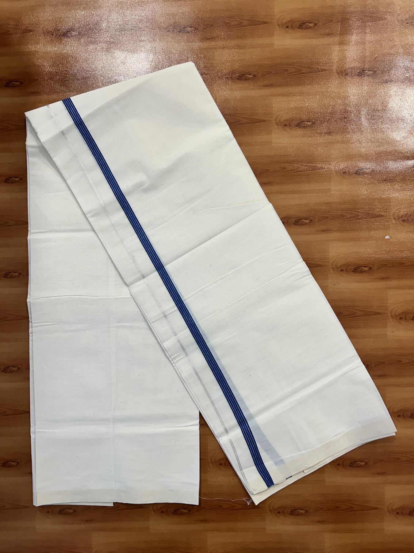 Single Off White (Unbleached) Mundu/Dhoti - 8% Discount! KaithariKada 100% Cotton - 70X30 - 0.5 inch Silver Kasavu Blue Striped Kara (2 meter / 4 muzham) - 5 KK5461 PMC