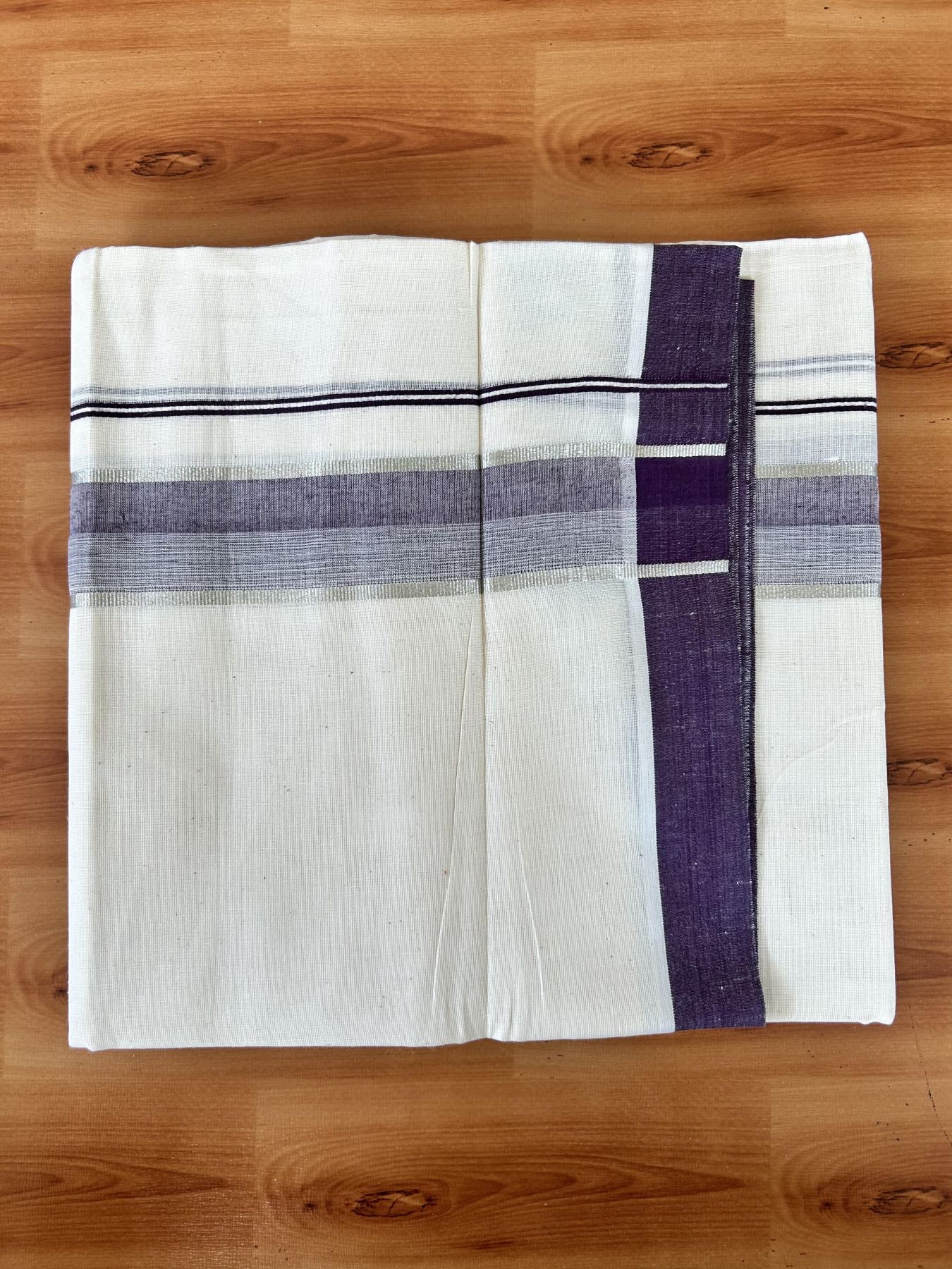 Double Off White (Unbleached) Mundu/Dhoti - 20% Discount! Kaitharikada Pure Cotton - 60s - 1.5 Inch Silver Kasav & Deep Violet Shaded Kara 4 mtr (8.5 muzham) - 51 KK5460 PMC