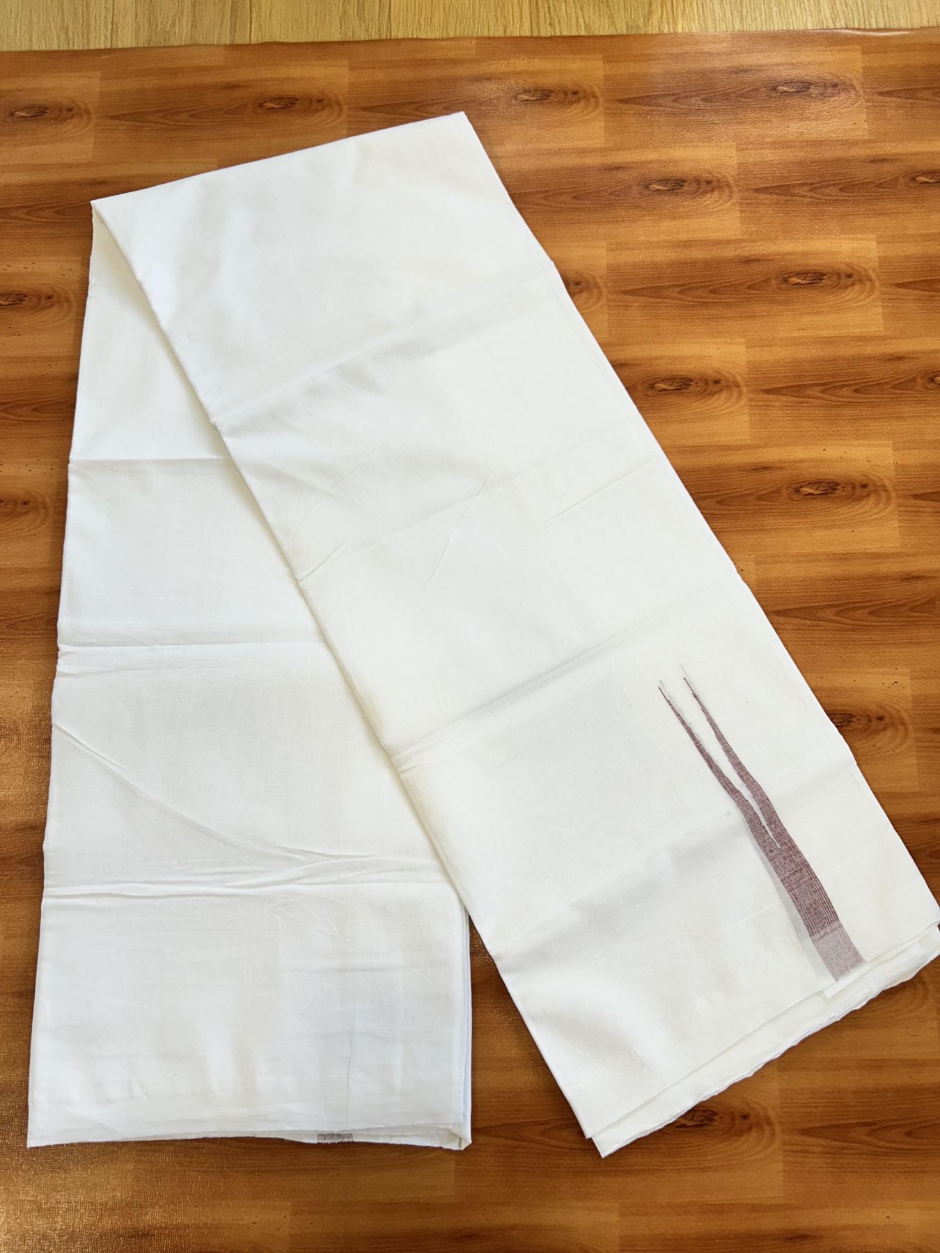 Double Pure White Mundu/Dhoti - 20% Discount !! KaithariKada Balaramapuram 100% Cotton - 100x80 - 2 cm Maroon Stripes Chutty Kara 3.80 mtr (8 muzham) - 7 KK5411 CKS