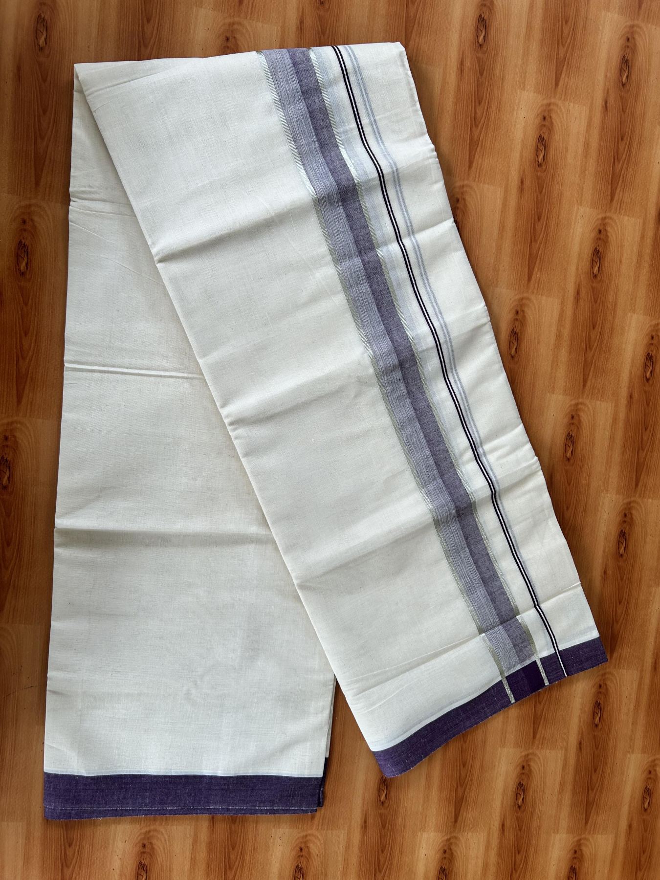 Double Off White (Unbleached) Mundu/Dhoti - 20% Discount! Kaitharikada Pure Cotton - 60s - 1.5 Inch Silver Kasav & Deep Violet Shaded Kara 4 mtr (8.5 muzham) - 51 KK5460 PMC