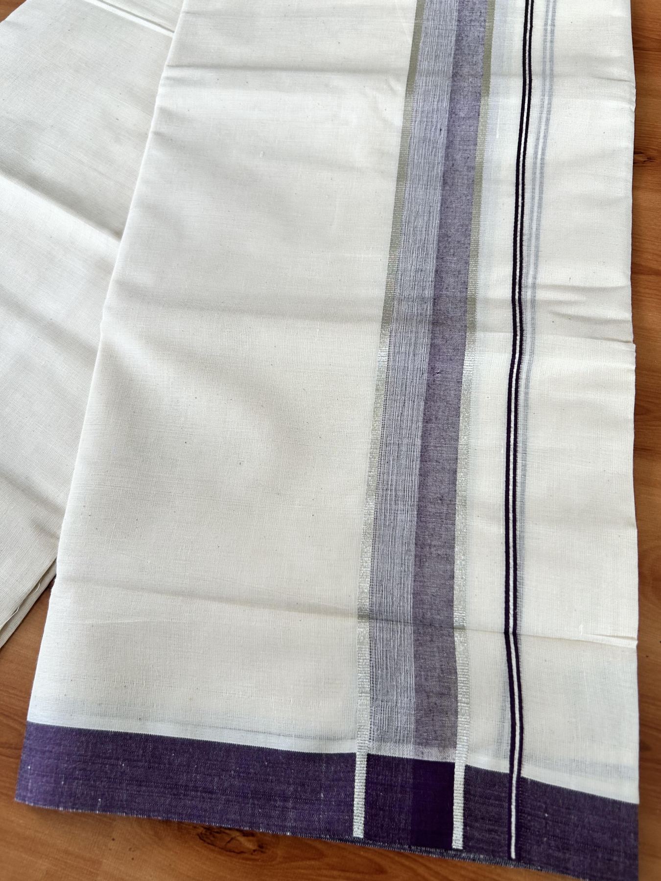 Double Off White (Unbleached) Mundu/Dhoti - 20% Discount! Kaitharikada Pure Cotton - 60s - 1.5 Inch Silver Kasav & Deep Violet Shaded Kara 4 mtr (8.5 muzham) - 51 KK5460 PMC