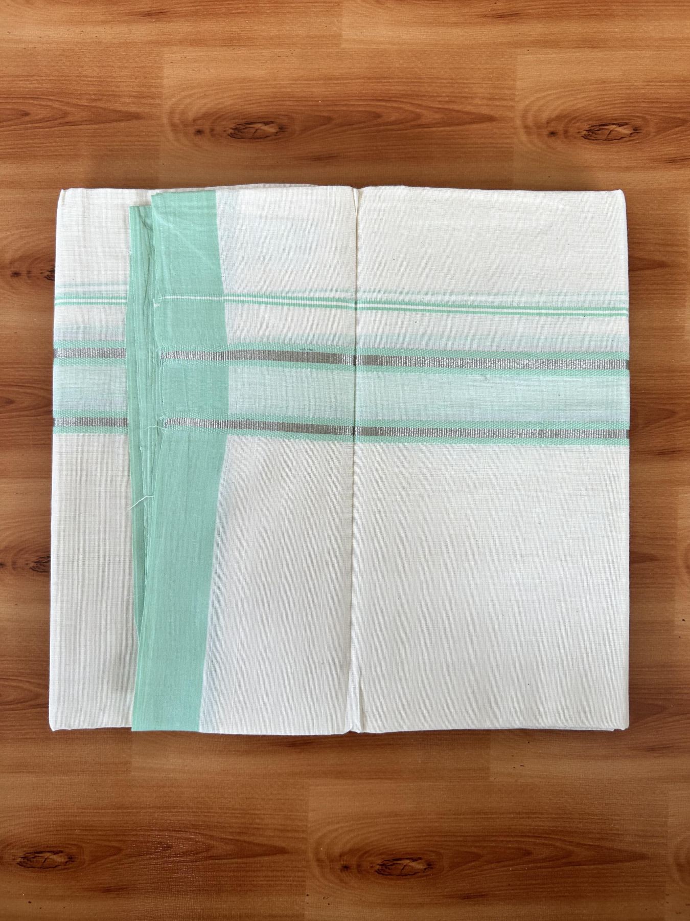 Double Off White (Unbleached) Mundu/Dhoti - 20% Discount! Kaitharikada Pure Cotton - 60s - 1.5 inch Silver Kasav & Mint Green Shaded Striped Kara 4 mtr (8.5 muzham) - 33 KK5460 PMC