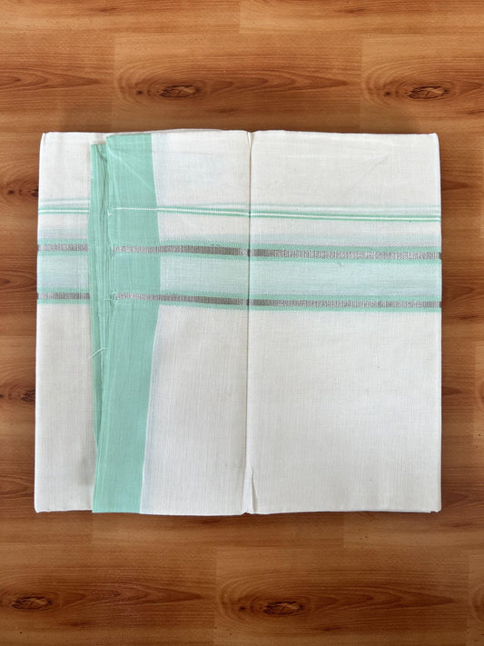 Double Off White (Unbleached) Mundu/Dhoti - 20% Discount! Kaitharikada Pure Cotton - 60s - 1.5 inch Silver Kasav & Mint Green Shaded Striped Kara 4 mtr (8.5 muzham) - 33 KK5460 PMC