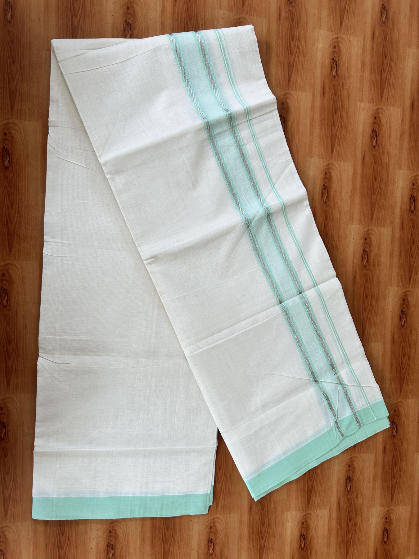 Double Off White (Unbleached) Mundu/Dhoti - 20% Discount! Kaitharikada Pure Cotton - 60s - 1.5 inch Silver Kasav & Mint Green Shaded Striped Kara 4 mtr (8.5 muzham) - 33 KK5460 PMC