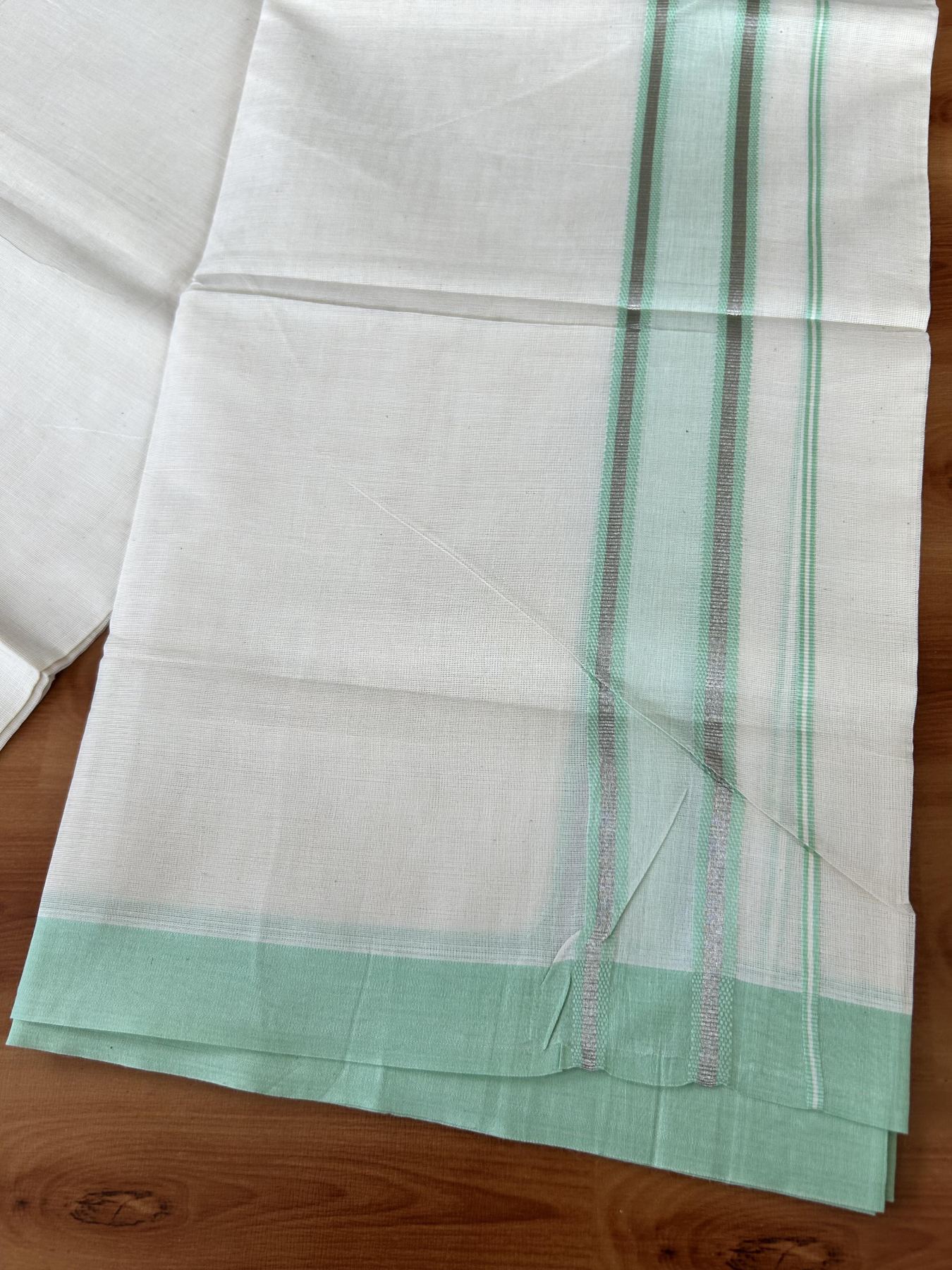 Double Off White (Unbleached) Mundu/Dhoti - 20% Discount! Kaitharikada Pure Cotton - 60s - 1.5 inch Silver Kasav & Mint Green Shaded Striped Kara 4 mtr (8.5 muzham) - 33 KK5460 PMC