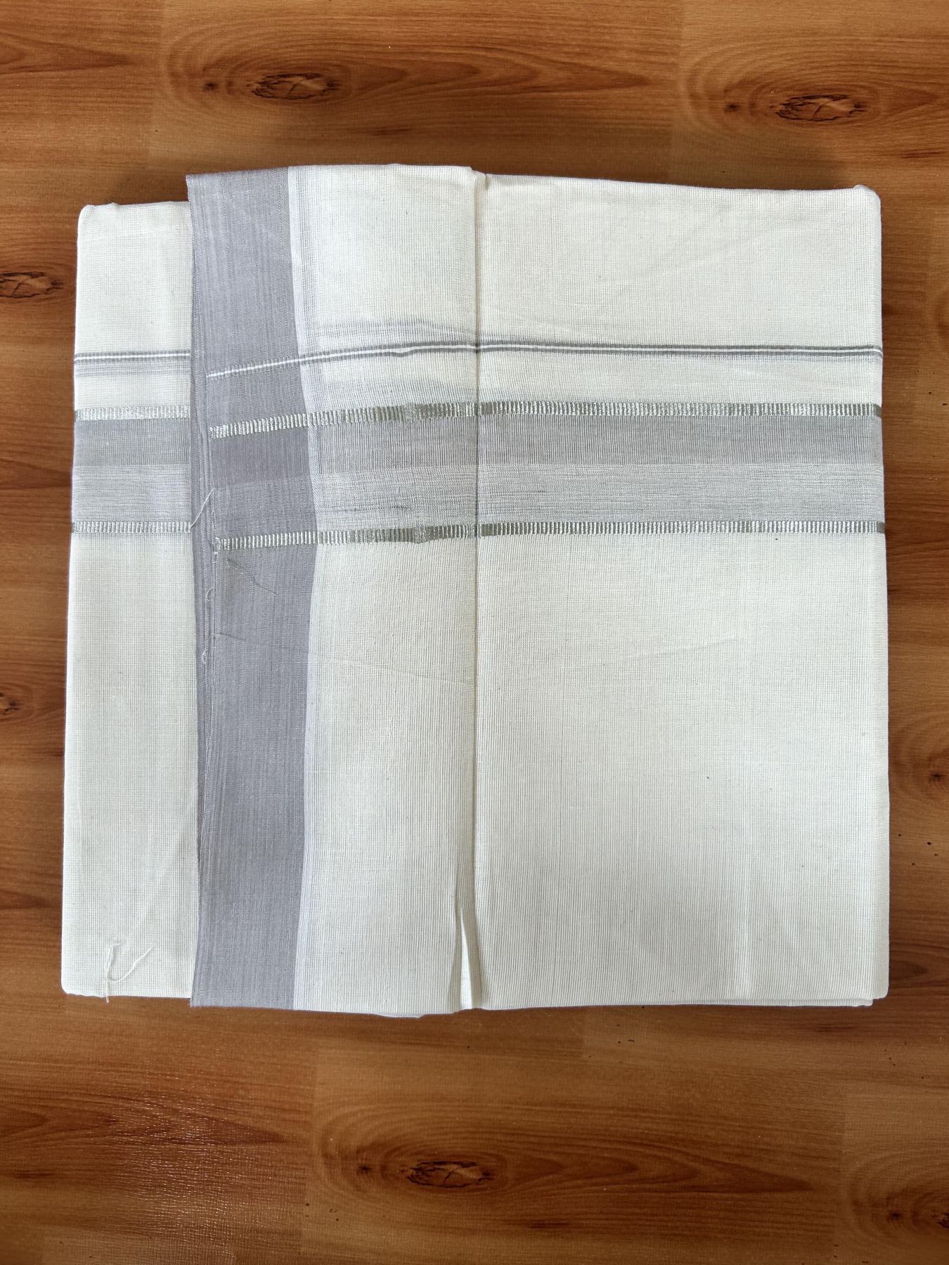 Double Off White (Unbleached) Mundu/Dhoti - 20% Discount! Kaitharikada Pure Cotton - 60s - 1.5 Inch Silver Kasav & Ash Grey Shaded Kara 4 mtr (8.5 muzham) - 52 KK5460 PMC