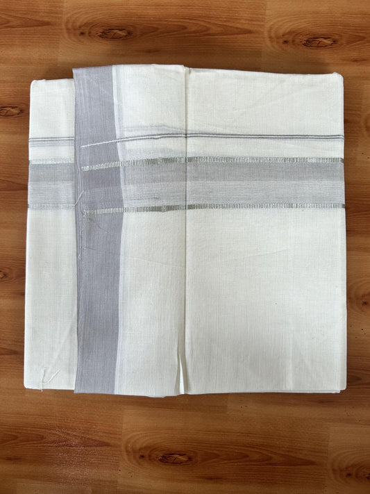 Double Off White (Unbleached) Mundu/Dhoti - 20% Discount! Kaitharikada Pure Cotton - 60s - 1.5 Inch Silver Kasav & Ash Grey Shaded Kara 4 mtr (8.5 muzham) - 52 KK5460 PMC