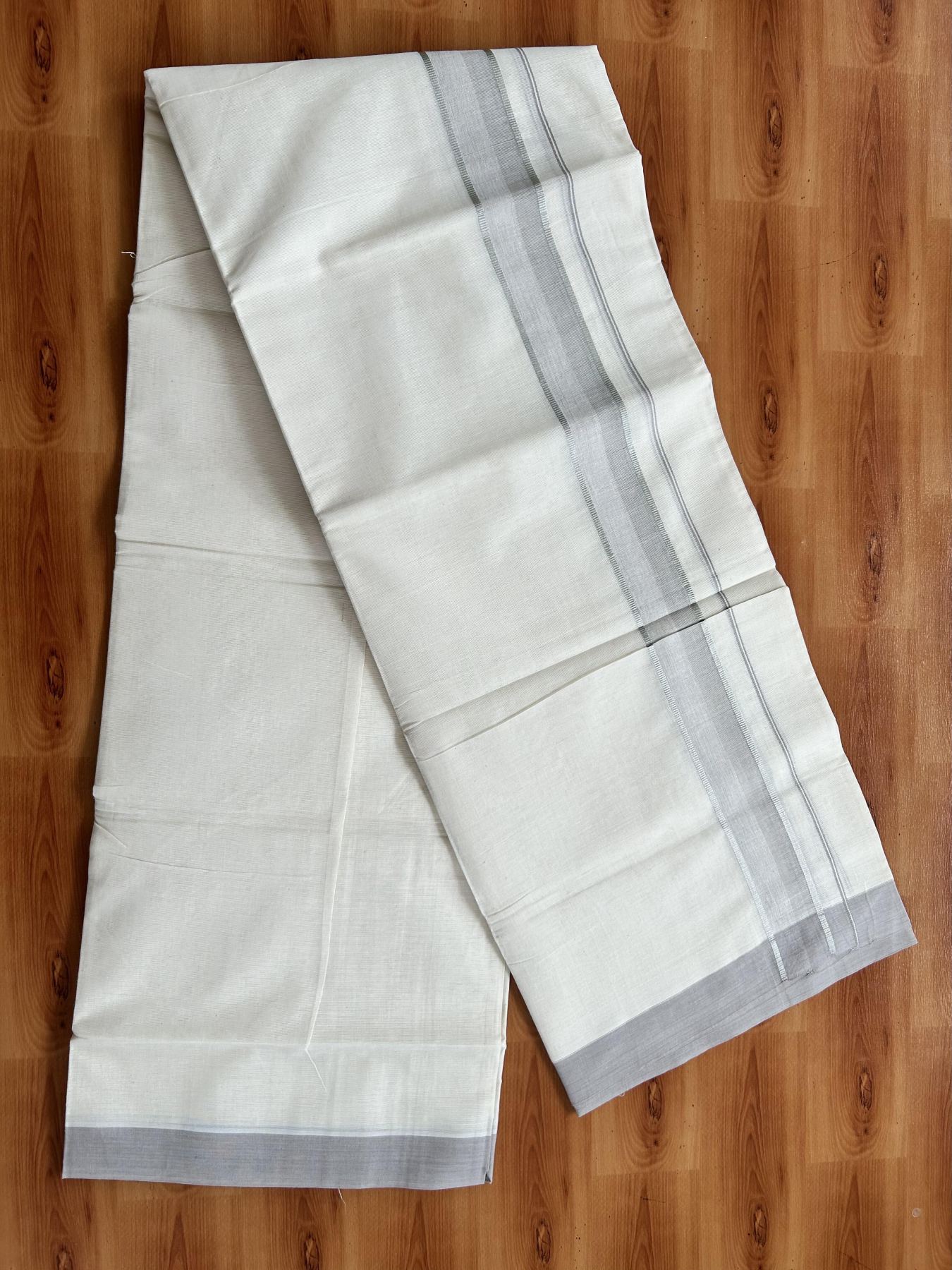 Double Off White (Unbleached) Mundu/Dhoti - 20% Discount! Kaitharikada Pure Cotton - 60s - 1.5 Inch Silver Kasav & Ash Grey Shaded Kara 4 mtr (8.5 muzham) - 52 KK5460 PMC