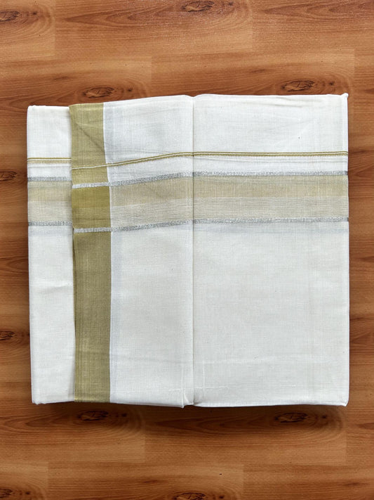 Double Off White (Unbleached) Mundu/Dhoti - 20% Discount! Kaitharikada Pure Cotton - 60s - 1.5 Inch Silver Kasav & Mustard Shaded Kara 4 mtr (8.5 muzham) - 49 KK5460 PMC