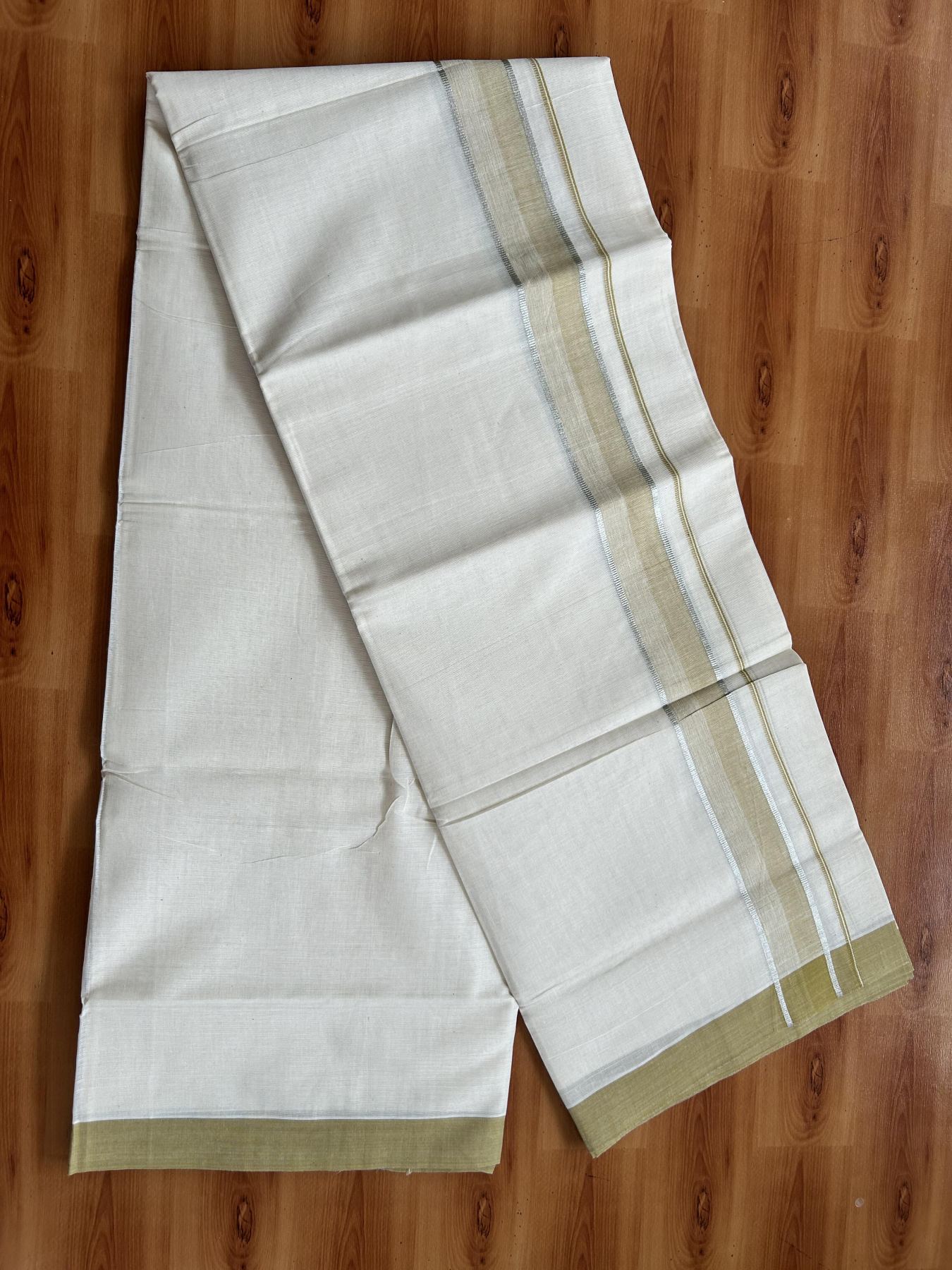 Double Off White (Unbleached) Mundu/Dhoti - 20% Discount! Kaitharikada Pure Cotton - 60s - 1.5 Inch Silver Kasav & Mustard Shaded Kara 4 mtr (8.5 muzham) - 49 KK5460 PMC