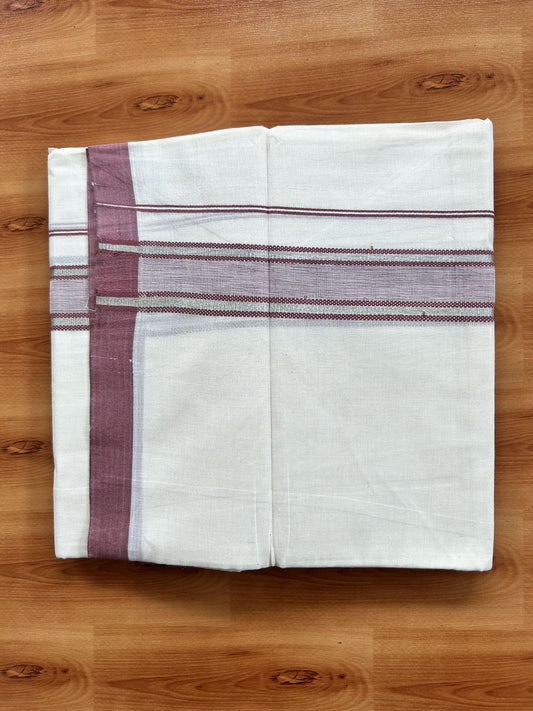 Double Off White (Unbleached) Mundu/Dhoti - 20% Discount! Kaitharikada Pure Cotton - 60s - 1.5 inch Silver Kasav & Pastel Maroon Shaded Striped Kara 4 mtr (8.5 muzham) - 35 KK5460 PMC