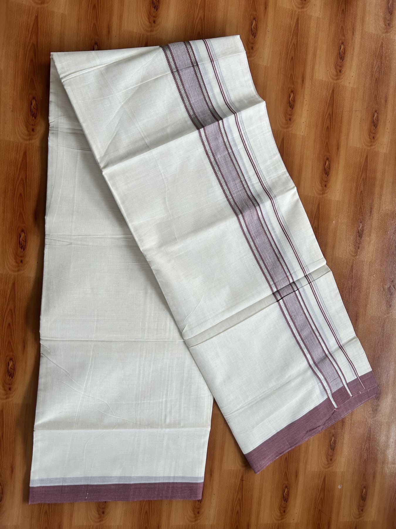 Double Off White (Unbleached) Mundu/Dhoti - 20% Discount! Kaitharikada Pure Cotton - 60s - 1.5 inch Silver Kasav & Pastel Maroon Shaded Striped Kara 4 mtr (8.5 muzham) - 35 KK5460 PMC