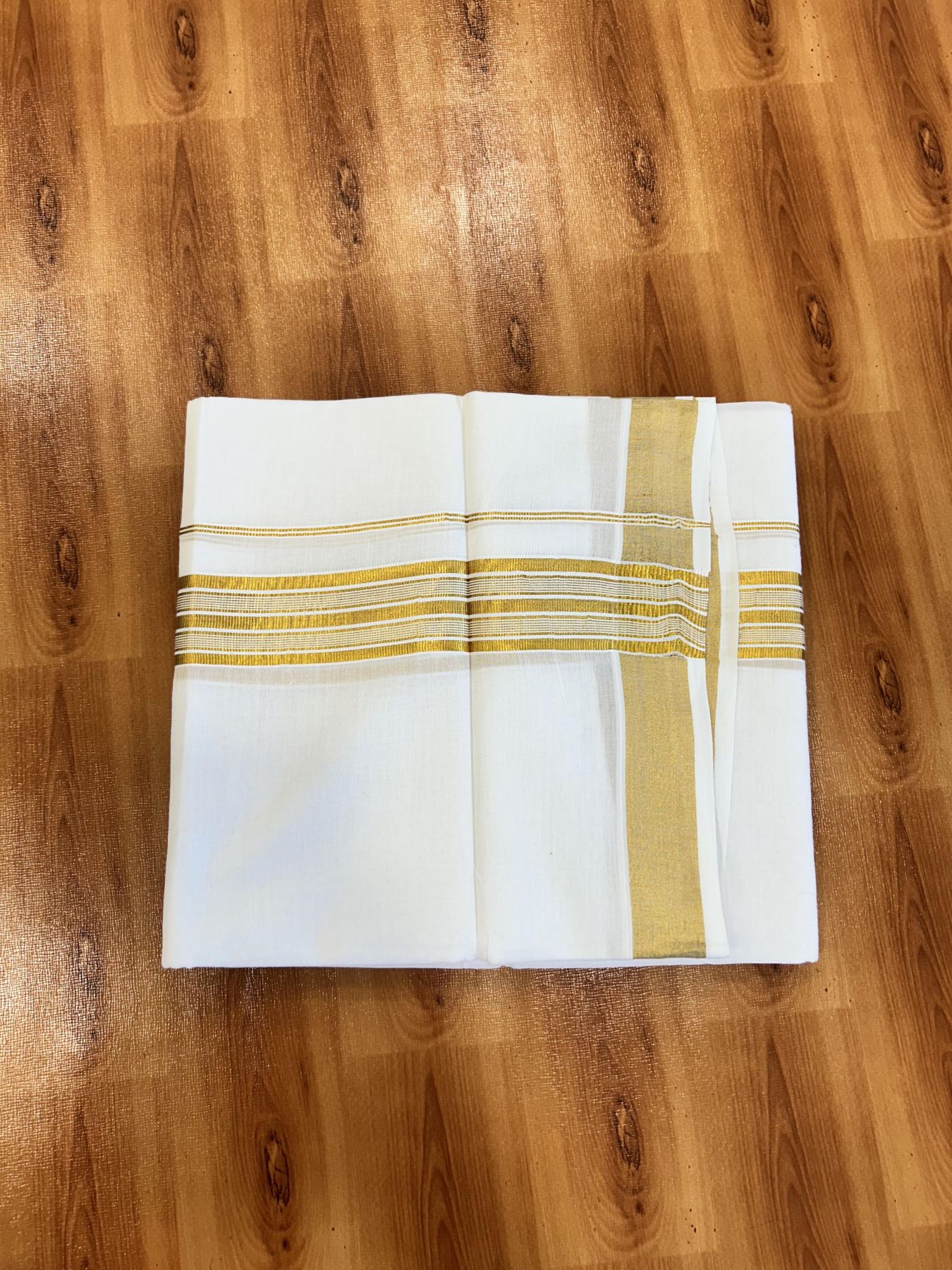 Double Pure White Mundu/Dhoti - 20% Discount!! Kaitharikada Balaramapuram Pure Cotton - 100s - 1.5 inch Gold Kasav Stripes Kara 4 mtr (8.5 Muzham) - 18 KK5406 GAN