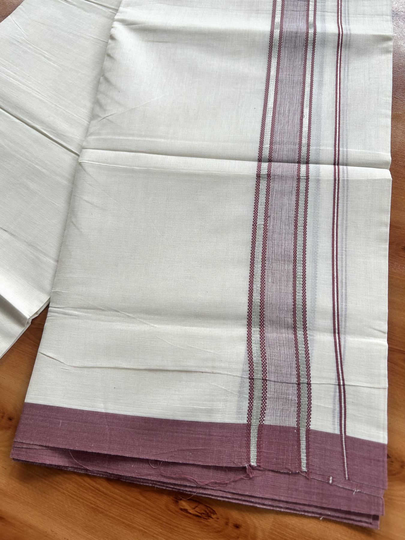 Double Off White (Unbleached) Mundu/Dhoti - 20% Discount! Kaitharikada Pure Cotton - 60s - 1.5 inch Silver Kasav & Pastel Maroon Shaded Striped Kara 4 mtr (8.5 muzham) - 35 KK5460 PMC