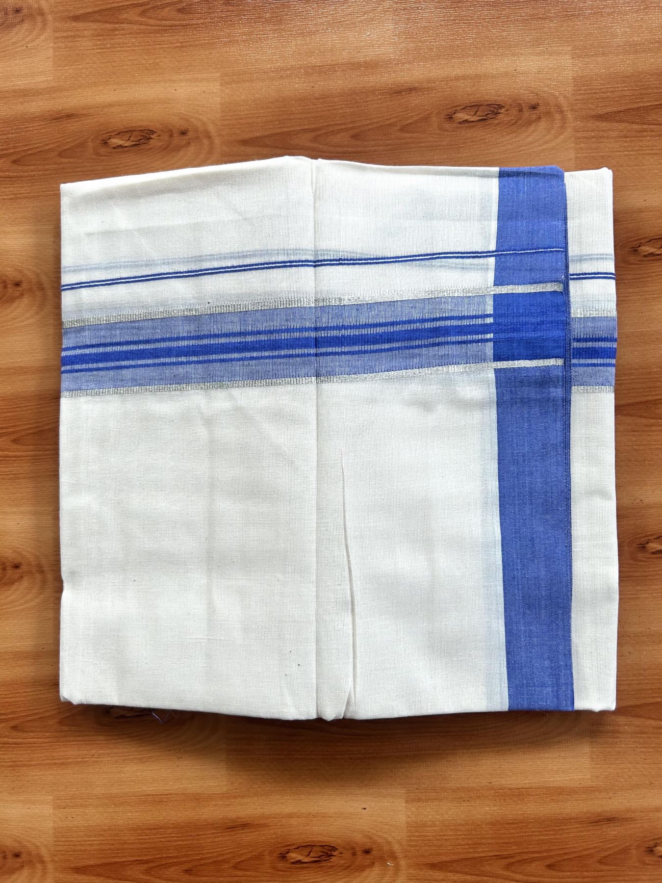 Double Off White (Unbleached) Mundu/Dhoti - 20% Discount! Kaitharikada Pure Cotton - 60s - 1.5 inch Silver Kasav & Blue Shaded Striped Kara 4 mtr (8.5 muzham) - 38 KK5460 PMC