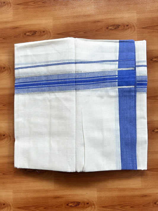 Double Off White (Unbleached) Mundu/Dhoti - 20% Discount! Kaitharikada Pure Cotton - 60s - 1.5 inch Silver Kasav & Blue Shaded Striped Kara 4 mtr (8.5 muzham) - 38 KK5460 PMC