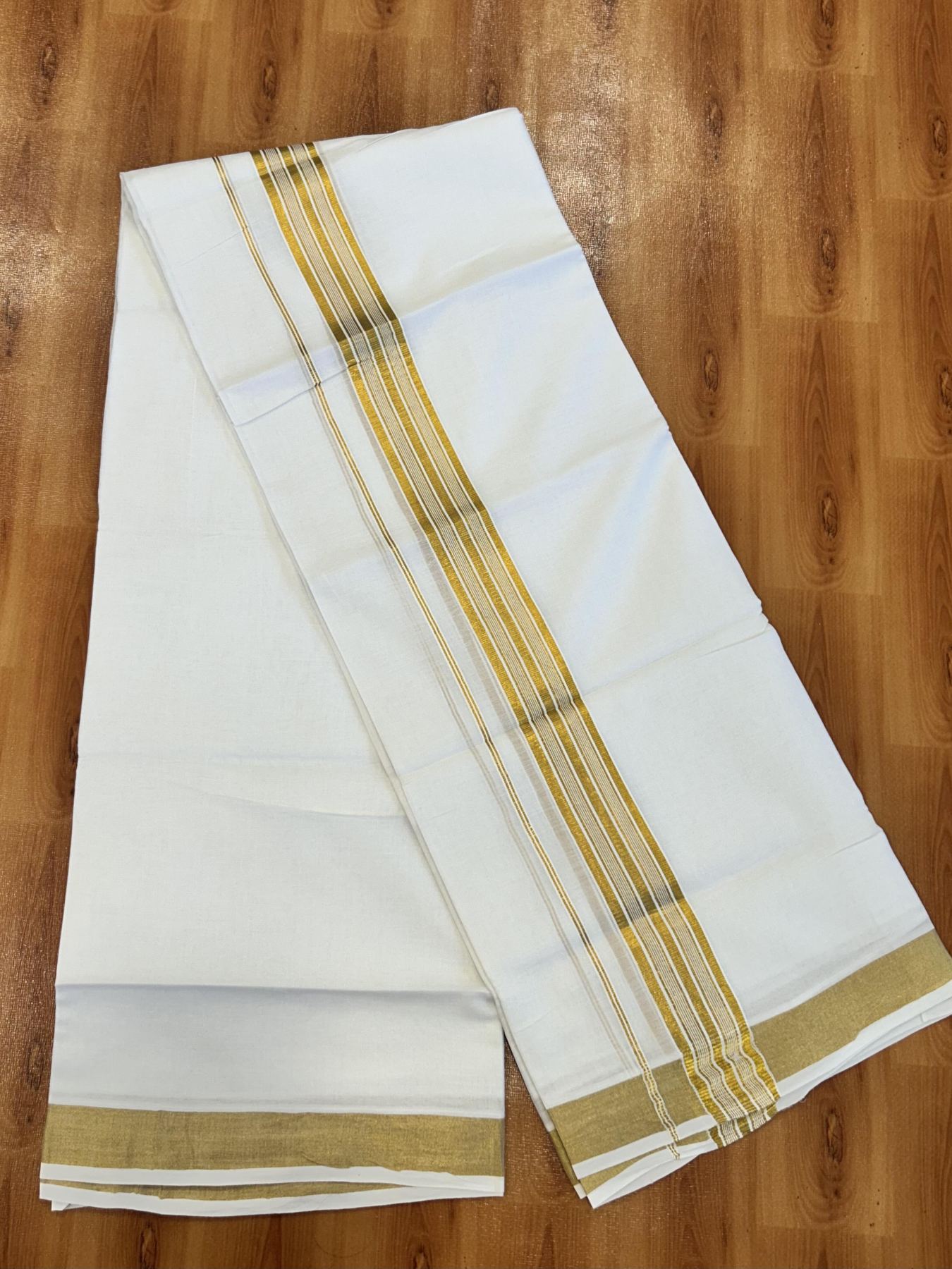 Double Pure White Mundu/Dhoti - 20% Discount!! Kaitharikada Balaramapuram Pure Cotton - 100s - 1.5 inch Gold Kasav Stripes Kara 4 mtr (8.5 Muzham) - 18 KK5406 GAN
