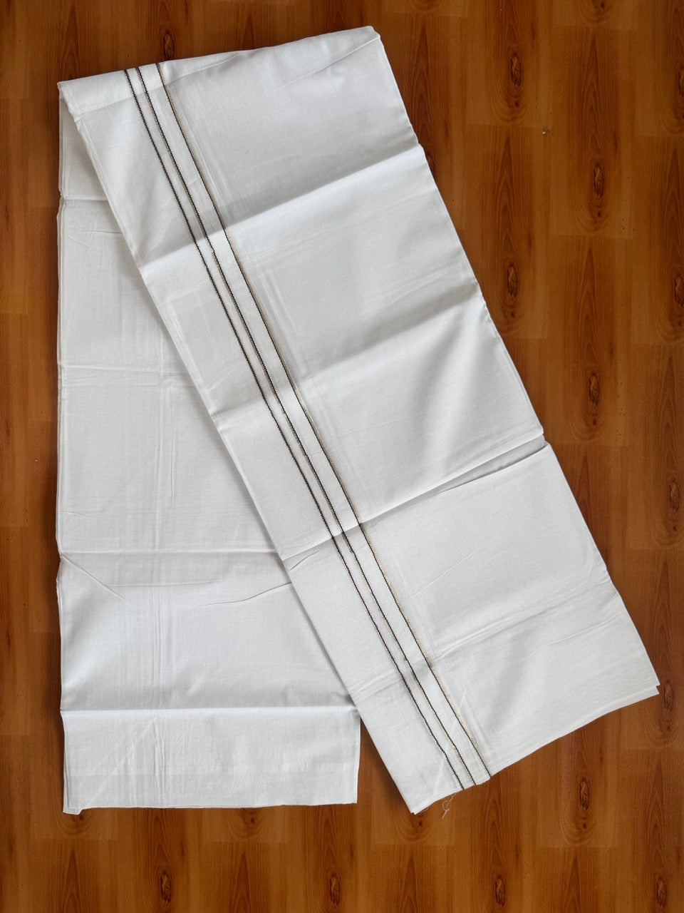Pure white Double Mundu/Dhoti - 23% Discount! KaithariKada 100% Cotton - 100X80 - 0.75 inch Silver Kasav Black One Side Chutty Kara - 3.90 mtr (8.5 muzham) - 1 KK5480 CKS