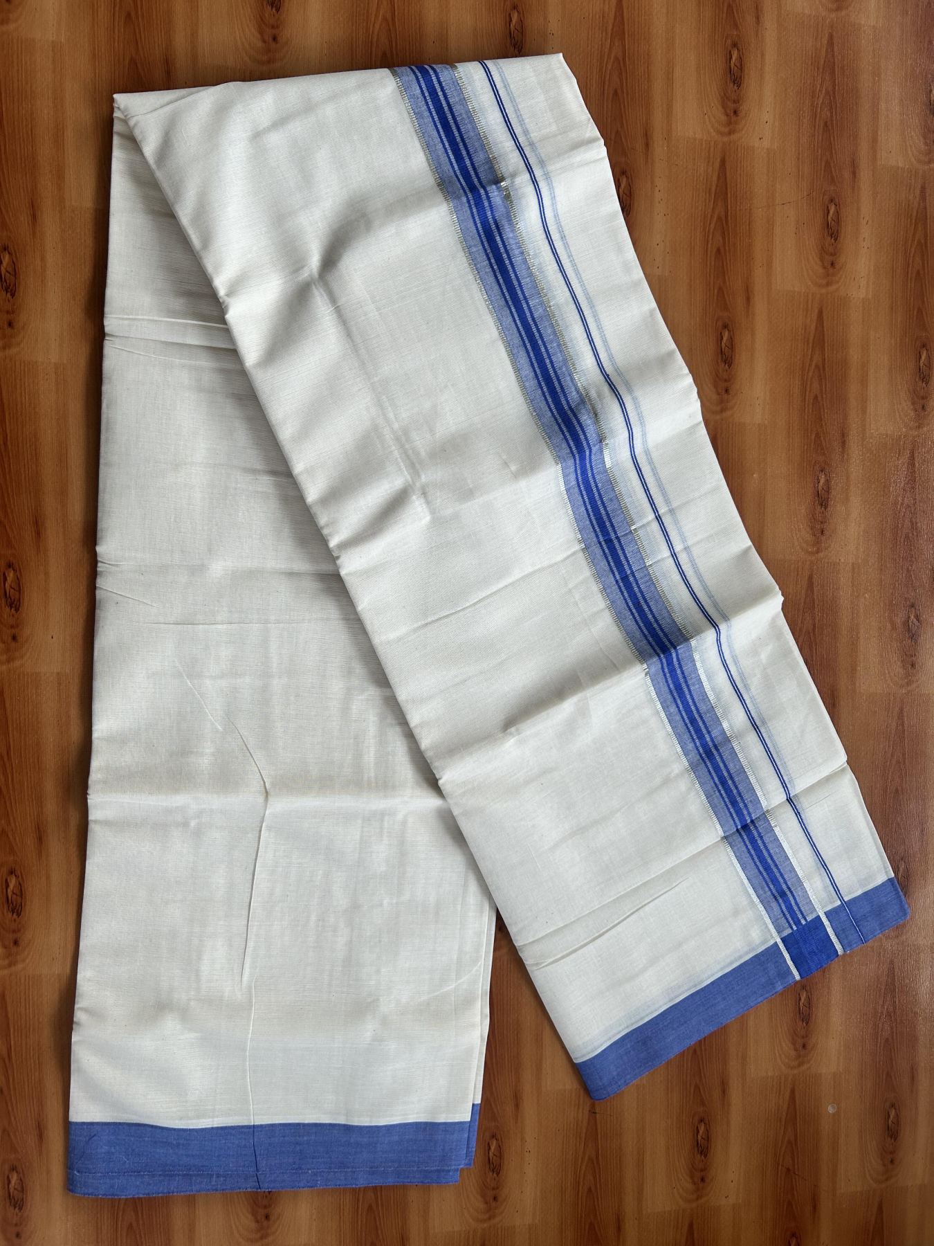 Double Off White (Unbleached) Mundu/Dhoti - 20% Discount! Kaitharikada Pure Cotton - 60s - 1.5 inch Silver Kasav & Blue Shaded Striped Kara 4 mtr (8.5 muzham) - 38 KK5460 PMC