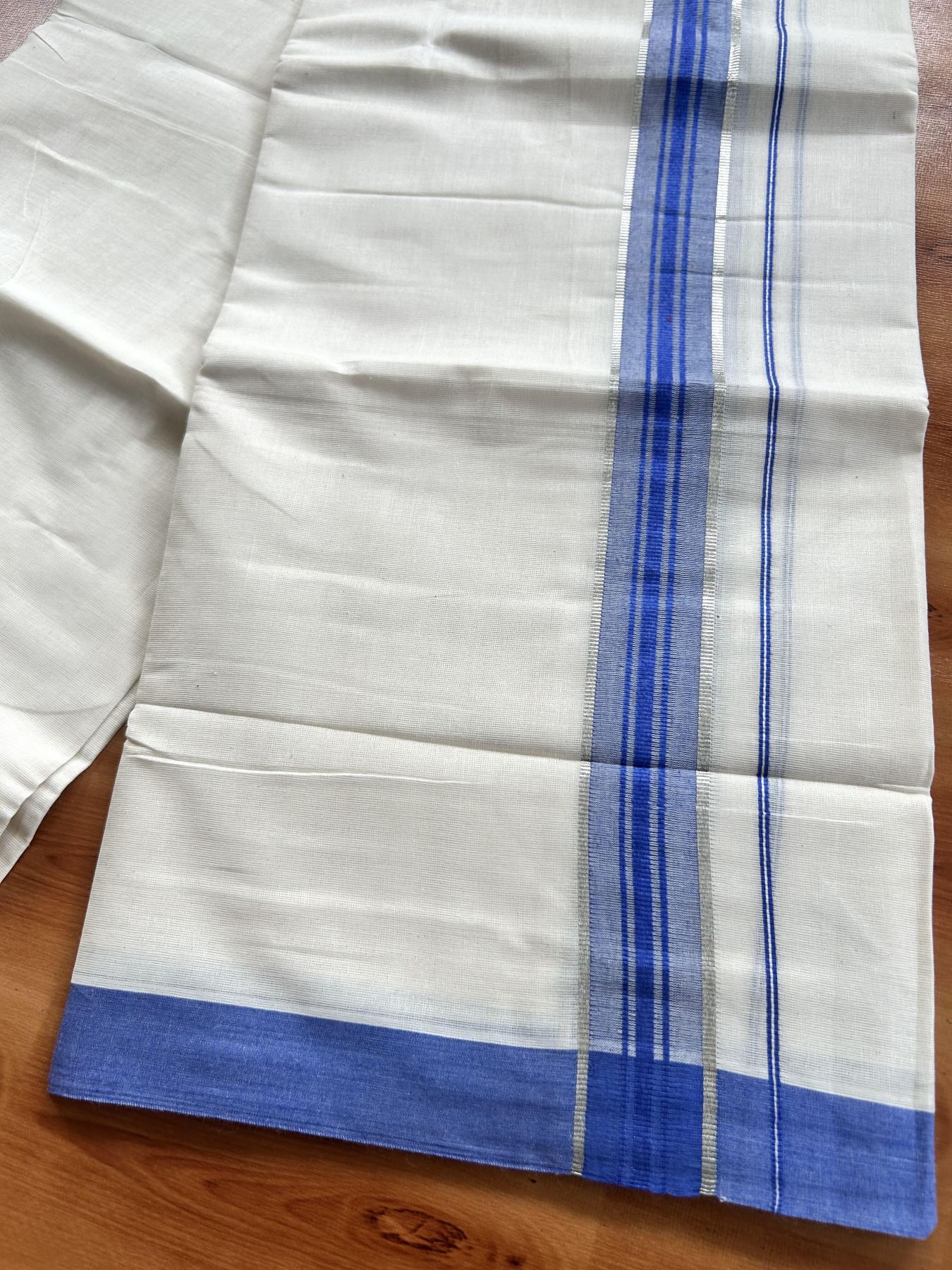 Double Off White (Unbleached) Mundu/Dhoti - 20% Discount! Kaitharikada Pure Cotton - 60s - 1.5 inch Silver Kasav & Blue Shaded Striped Kara 4 mtr (8.5 muzham) - 38 KK5460 PMC