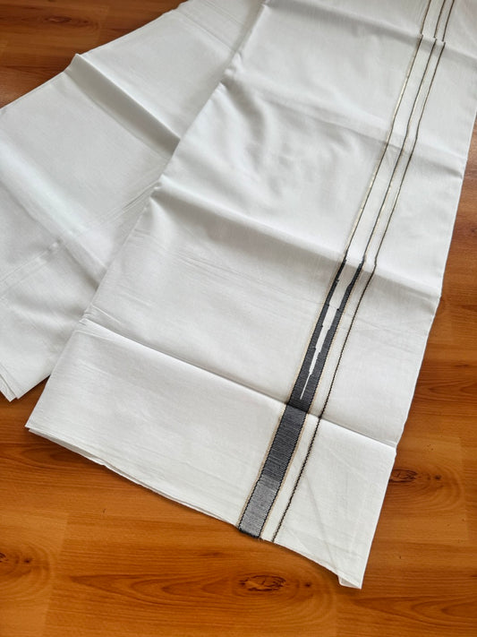 Pure white Double Mundu/Dhoti - 23% Discount! KaithariKada 100% Cotton - 100X80 - 0.75 inch Silver Kasav Black One Side Chutty Kara - 3.90 mtr (8.5 muzham) - 1 KK5480 CKS