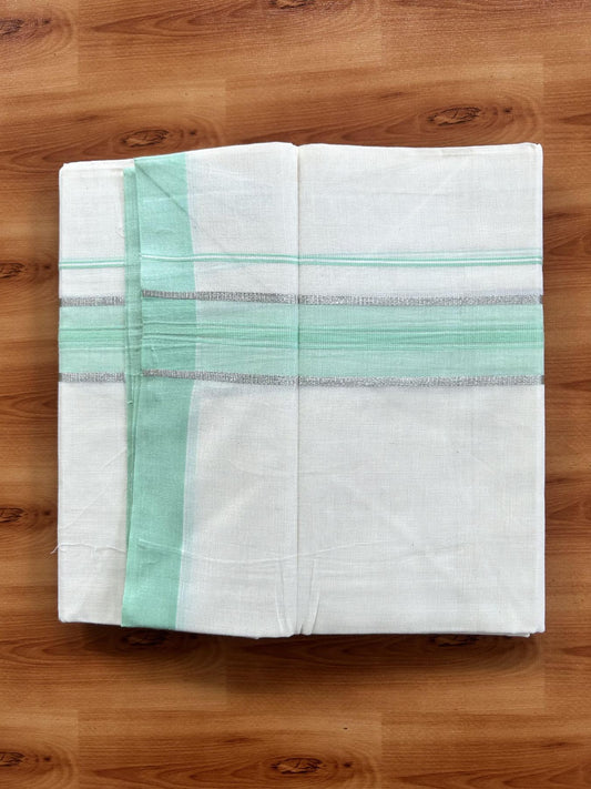 Double Off White (Unbleached) Mundu/Dhoti - 20% Discount! Kaitharikada Pure Cotton - 60s - 1.5 inch Silver Kasav & Mint Green Shaded Striped Kara 4 mtr (8.5 muzham) - 39 KK5460 PMC
