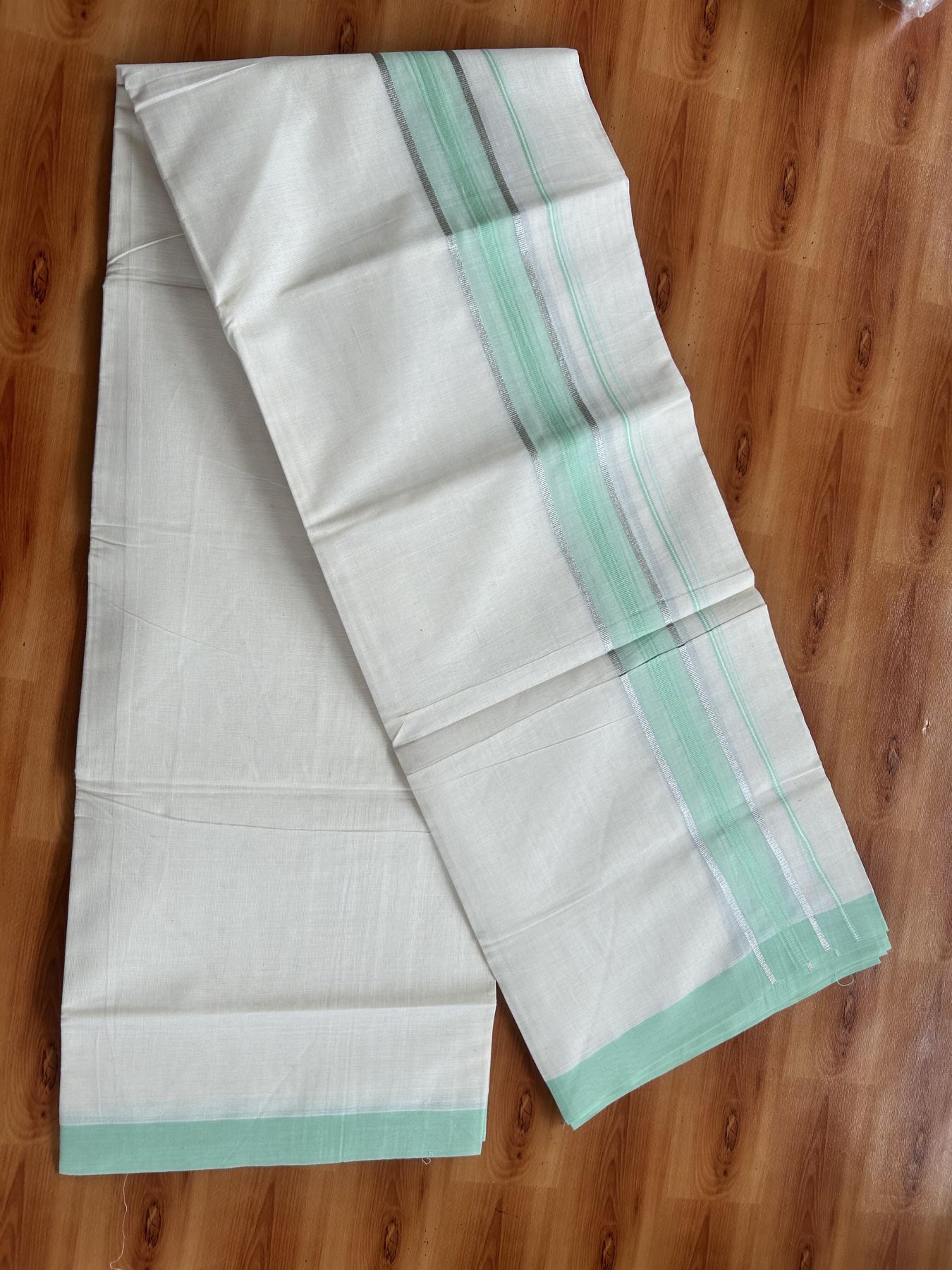 Double Off White (Unbleached) Mundu/Dhoti - 20% Discount! Kaitharikada Pure Cotton - 60s - 1.5 inch Silver Kasav & Mint Green Shaded Striped Kara 4 mtr (8.5 muzham) - 39 KK5460 PMC