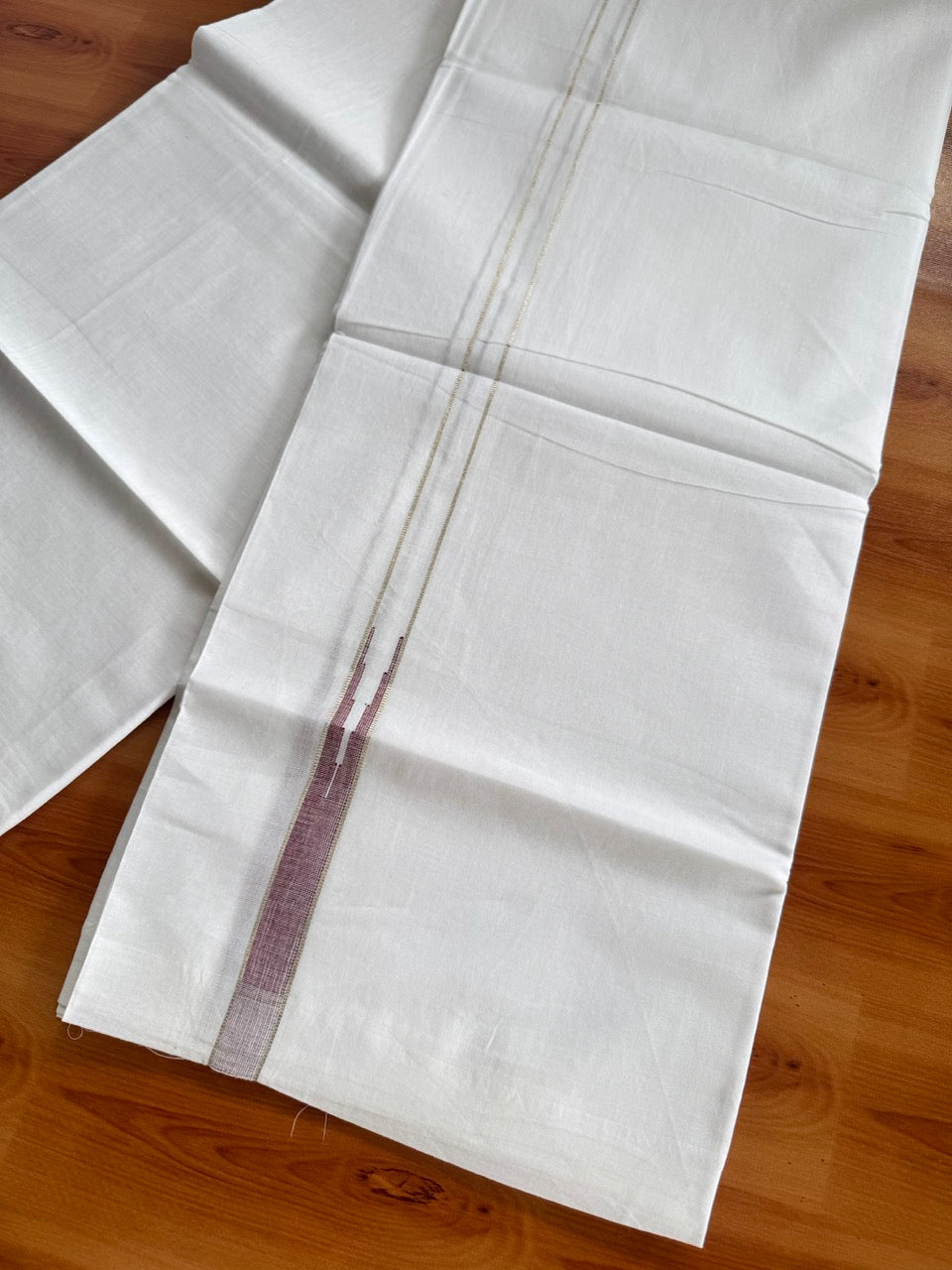 Pure white Double Mundu/Dhoti - 20% Discount! KaithariKada 100% Cotton - 100X80 - 0.75 inch Silver Kasav Maroon One Side Chutty Kara - 3.90 mtr (8.5 muzham) - 1 KK5481 MC