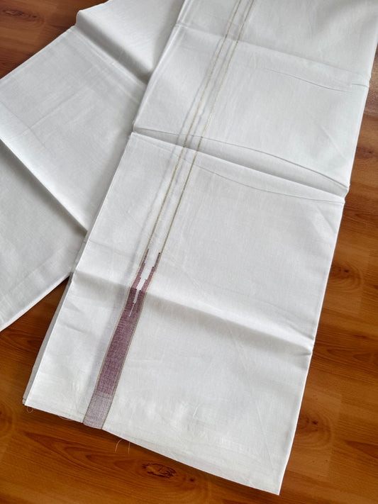 Pure white Double Mundu/Dhoti - 20% Discount! KaithariKada 100% Cotton - 100X80 - 0.75 inch Silver Kasav Maroon One Side Chutty Kara - 3.90 mtr (8.5 muzham) - 1 KK5481 MC
