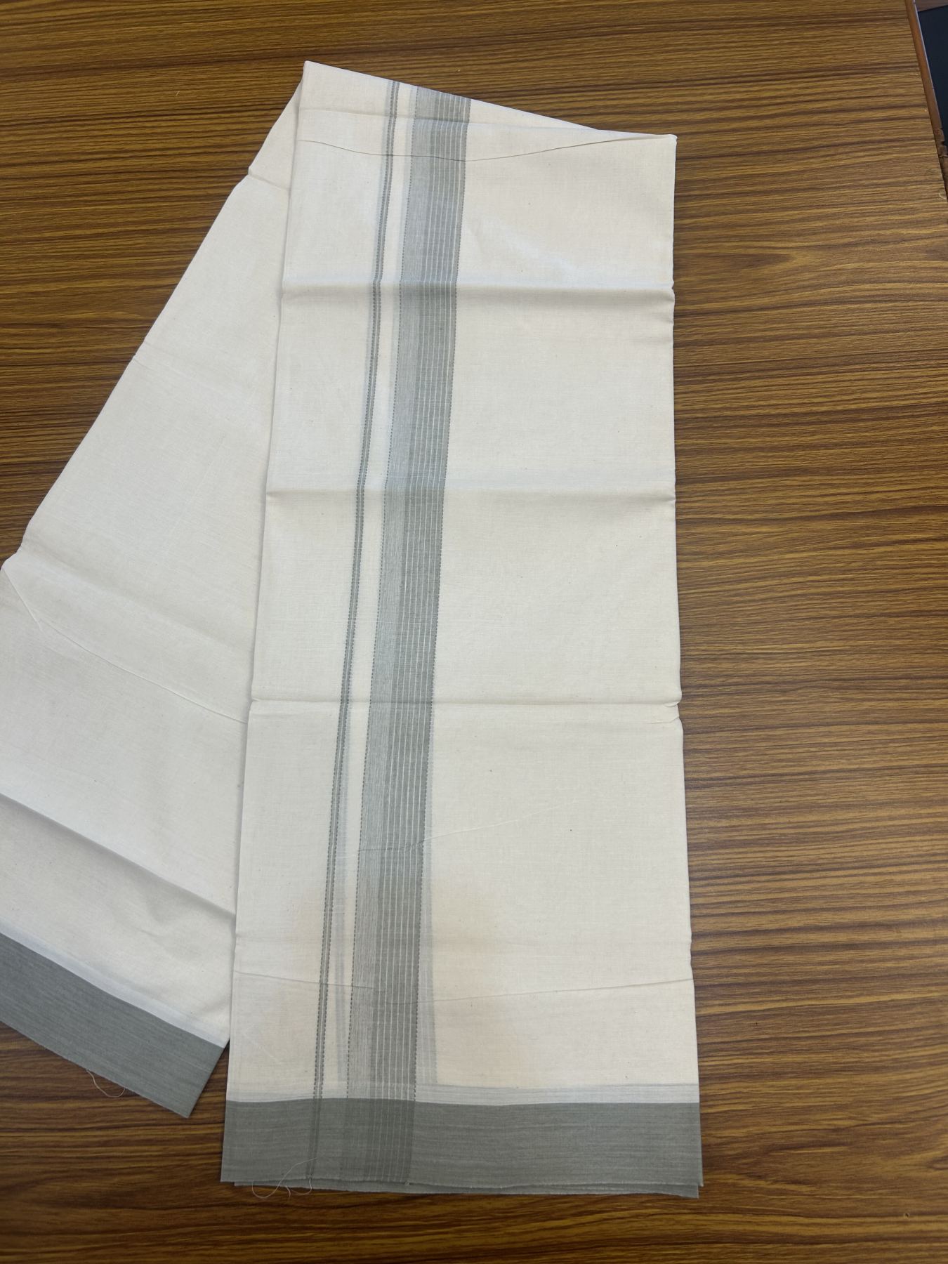 20% Discount! Kaitharikada Balaramapuram Double Off White Mundu/Dhoti -100x80 - 1.5 Inch Light Grey Shaded Stripes Kara 4 mtr (8.5 muzham) - 10 KK5311 VAS