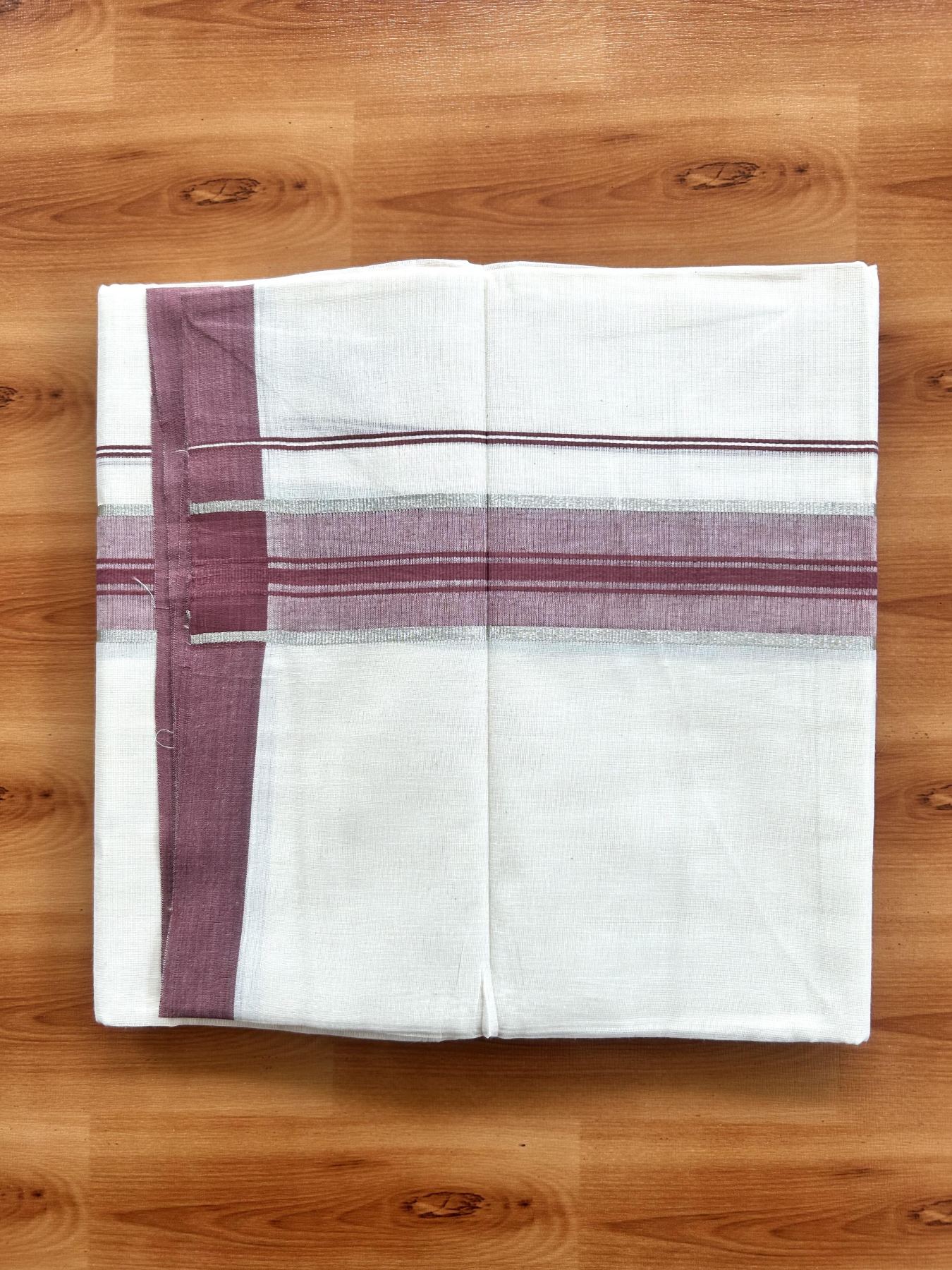 Double Off White (Unbleached) Mundu/Dhoti - 20% Discount! Kaitharikada Pure Cotton - 60s - 1.5 inch Silver Kasav & Pastel Maroon Shaded Striped Kara 4 mtr (8.5 muzham) - 41 KK5460 PMC