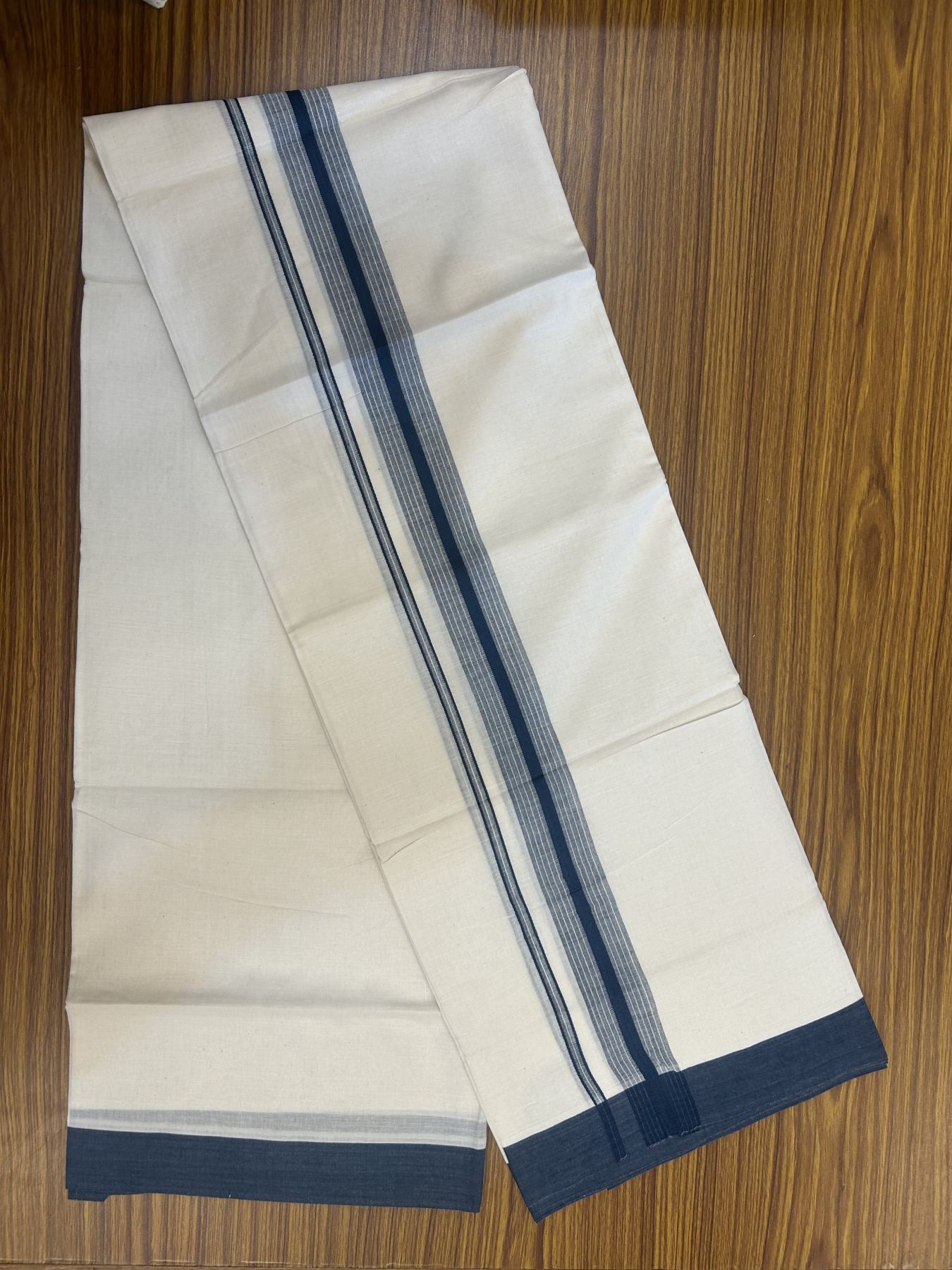 20% Discount! Kaitharikada Balaramapuram Double Off White Mundu/Dhoti - 100x80 - 1.75 Inch Dark Peacock Blue Shaded Stripes Kara 4 mtr (8.5 muzham) - 21 KK5311 VAS