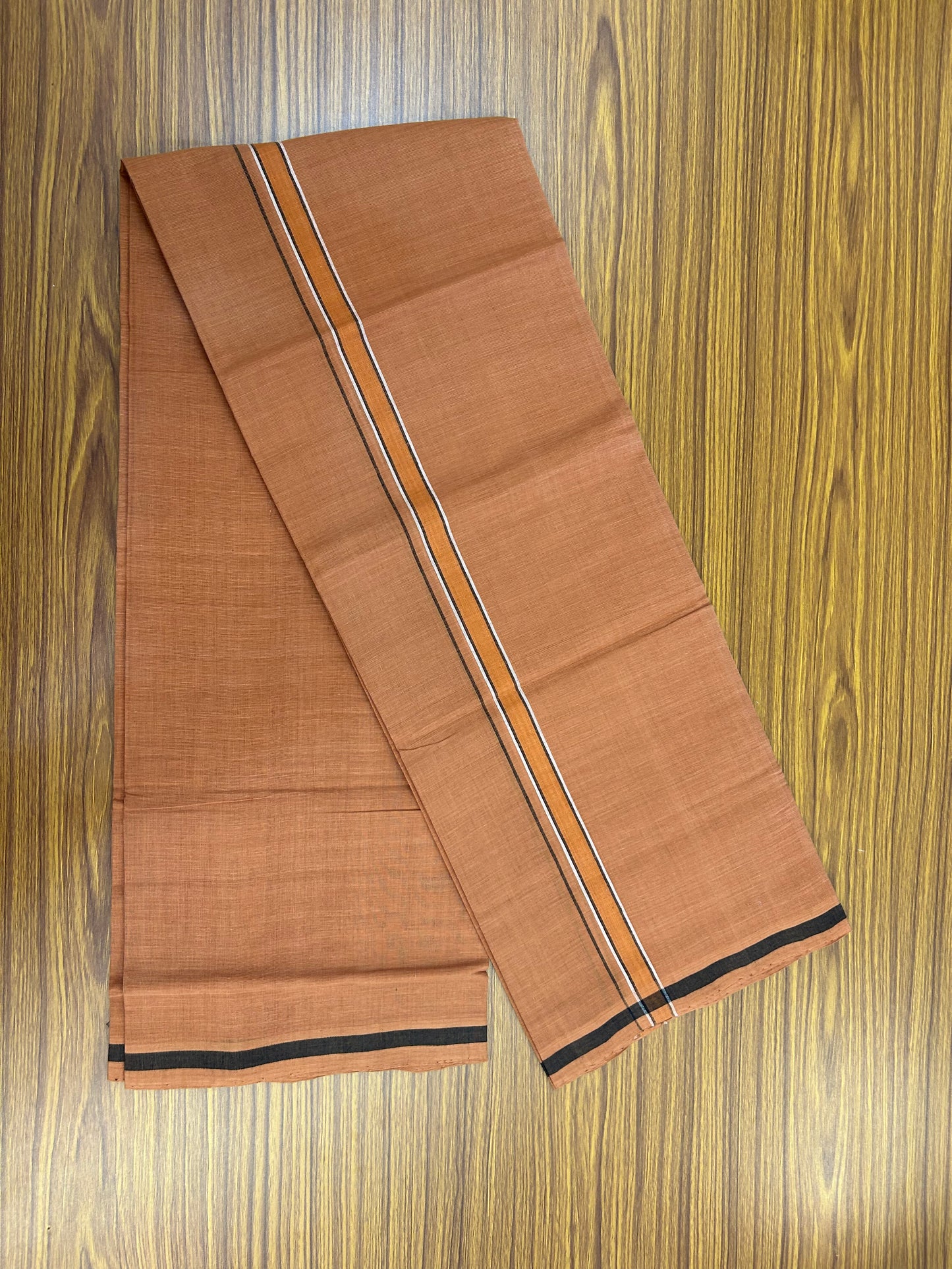 Kerala Handloom Single  - KaithariKada 100% Pure Cotton - Mundu/Dhoti Kavi Body & 0.75 inch Orange Black & White Striped Kara - (2 meter / 4 muzham)- 40 KK8051 ELA