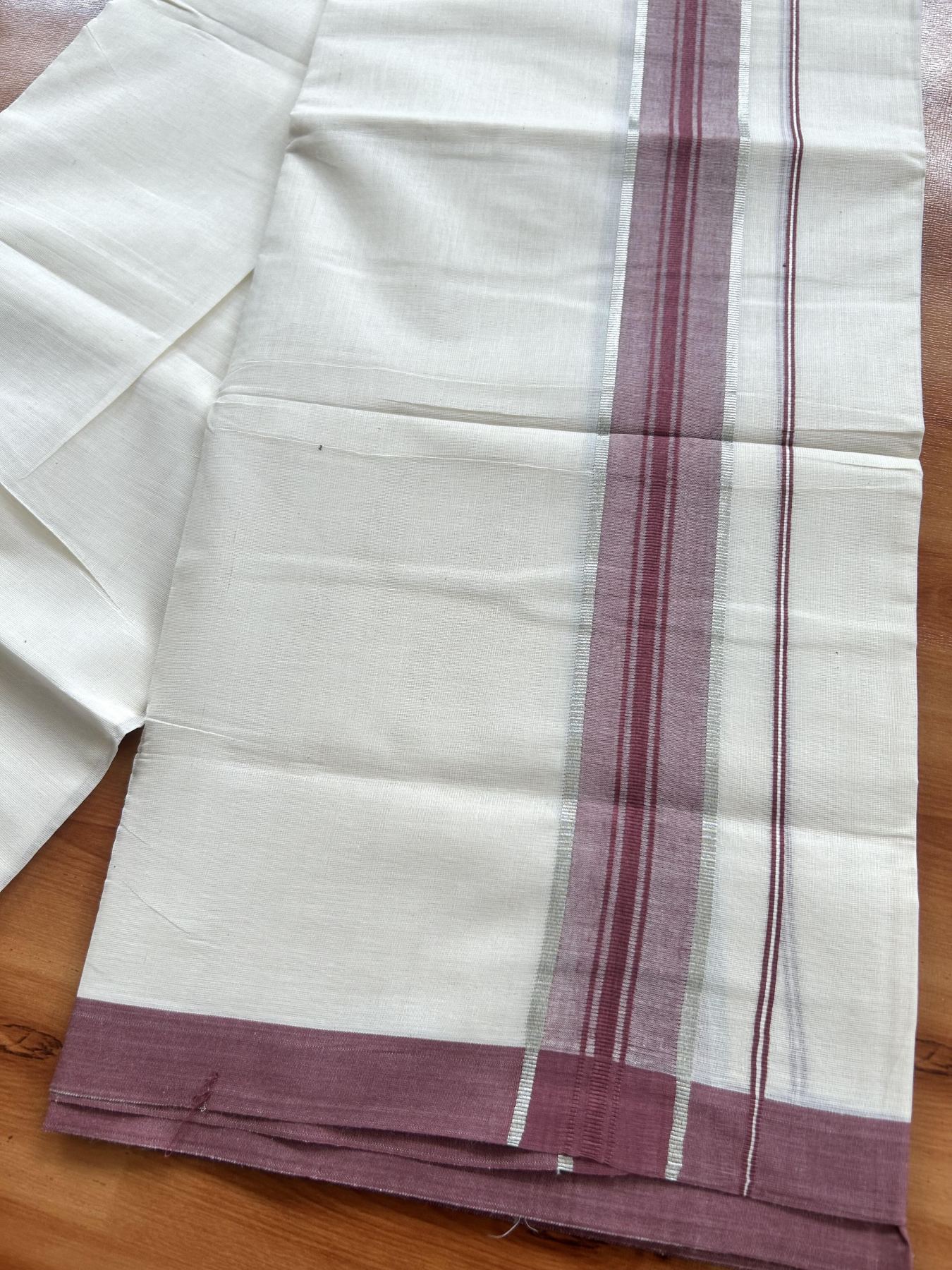 Double Off White (Unbleached) Mundu/Dhoti - 20% Discount! Kaitharikada Pure Cotton - 60s - 1.5 inch Silver Kasav & Pastel Maroon Shaded Striped Kara 4 mtr (8.5 muzham) - 41 KK5460 PMC