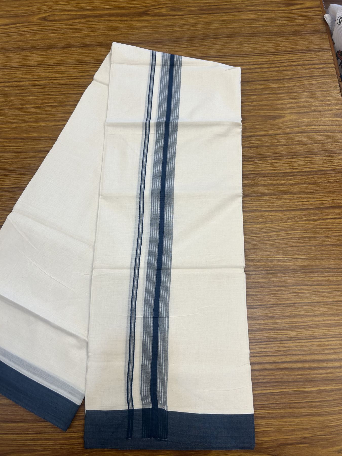 20% Discount! Kaitharikada Balaramapuram Double Off White Mundu/Dhoti - 100x80 - 1.75 Inch Dark Peacock Blue Shaded Stripes Kara 4 mtr (8.5 muzham) - 21 KK5311 VAS