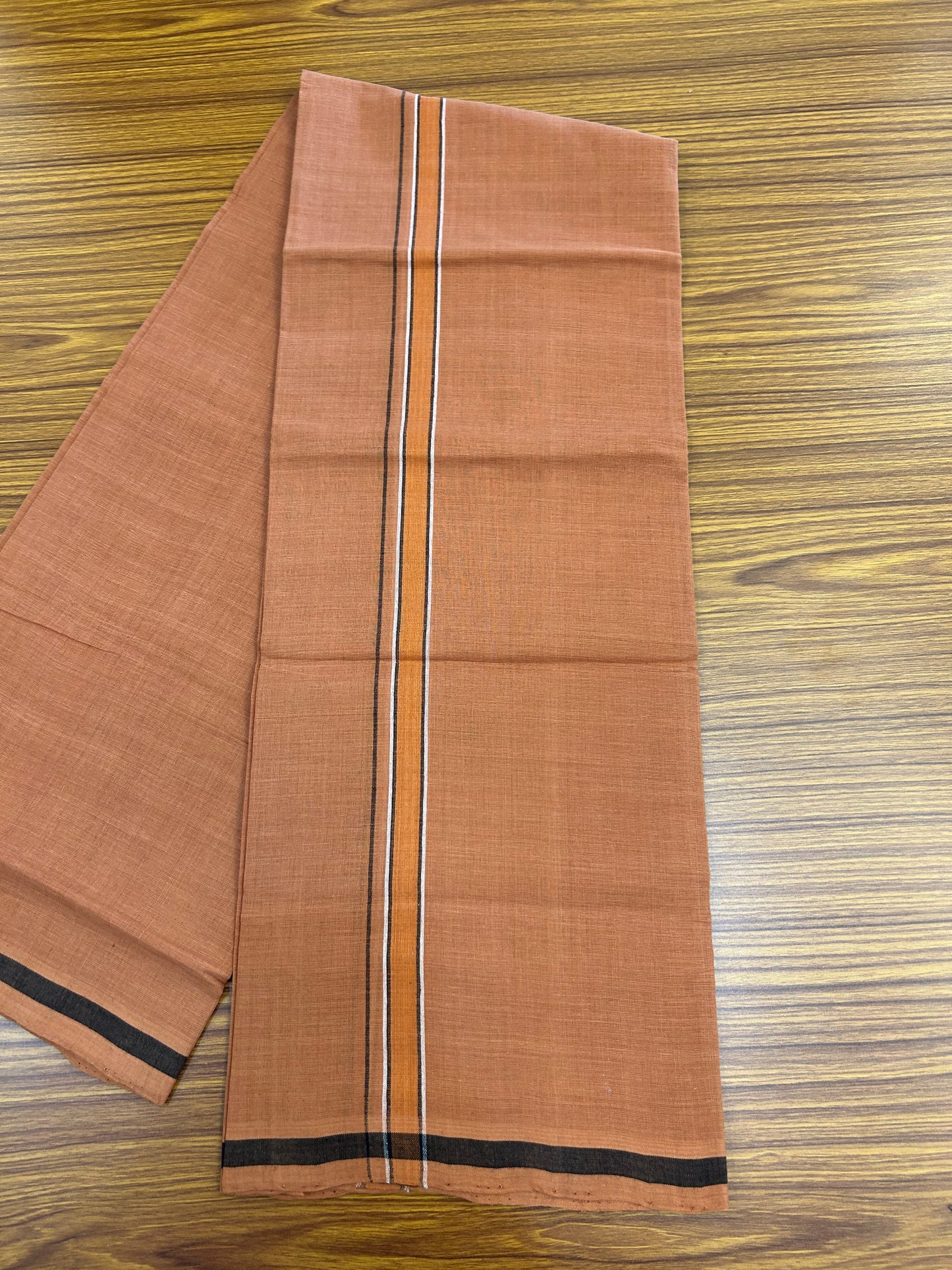 Kerala Handloom Single  - KaithariKada 100% Pure Cotton - Mundu/Dhoti Kavi Body & 0.75 inch Orange Black & White Striped Kara - (2 meter / 4 muzham)- 40 KK8051 ELA