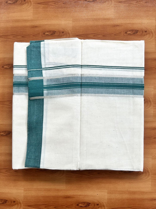 Double Off White (Unbleached) Mundu/Dhoti - 20% Discount! Kaitharikada Pure Cotton - 60s - 1.5 inch Silver Kasav & Green Shaded Striped Kara 4 mtr (8.5 muzham) - 37 KK5460 PMC