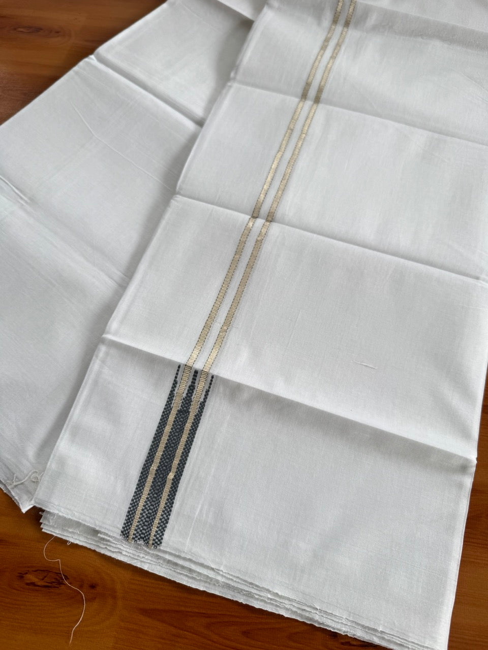Pure white Double Mundu/Dhoti - 20% Discount! KaithariKada 100% Cotton - 100X80 - 0.75 inch Silver Kasav Navy Ash Mix Double Chutty Kara - 3.90 mtr (8.5 muzham) - 2 KK5480 CKS