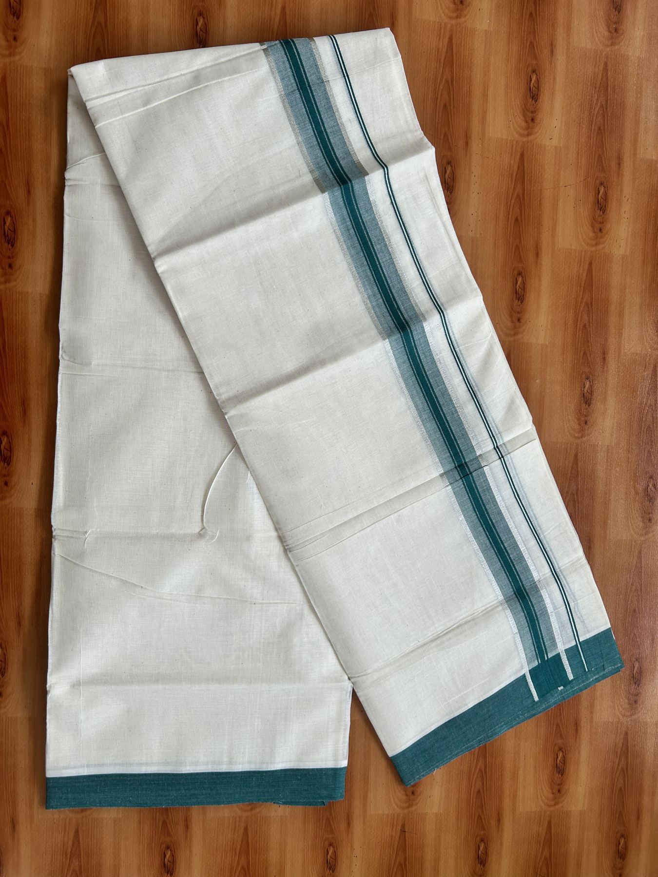 Double Off White (Unbleached) Mundu/Dhoti - 20% Discount! Kaitharikada Pure Cotton - 60s - 1.5 inch Silver Kasav & Green Shaded Striped Kara 4 mtr (8.5 muzham) - 37 KK5460 PMC