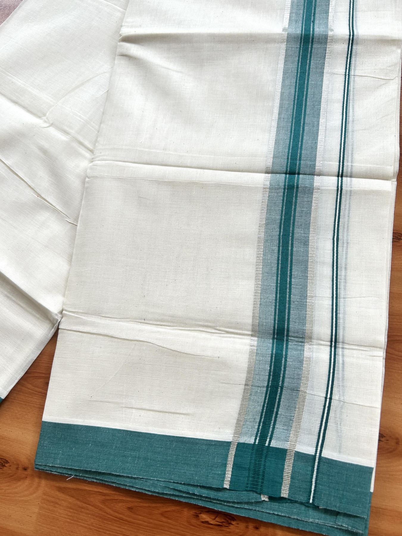 Double Off White (Unbleached) Mundu/Dhoti - 20% Discount! Kaitharikada Pure Cotton - 60s - 1.5 inch Silver Kasav & Green Shaded Striped Kara 4 mtr (8.5 muzham) - 37 KK5460 PMC