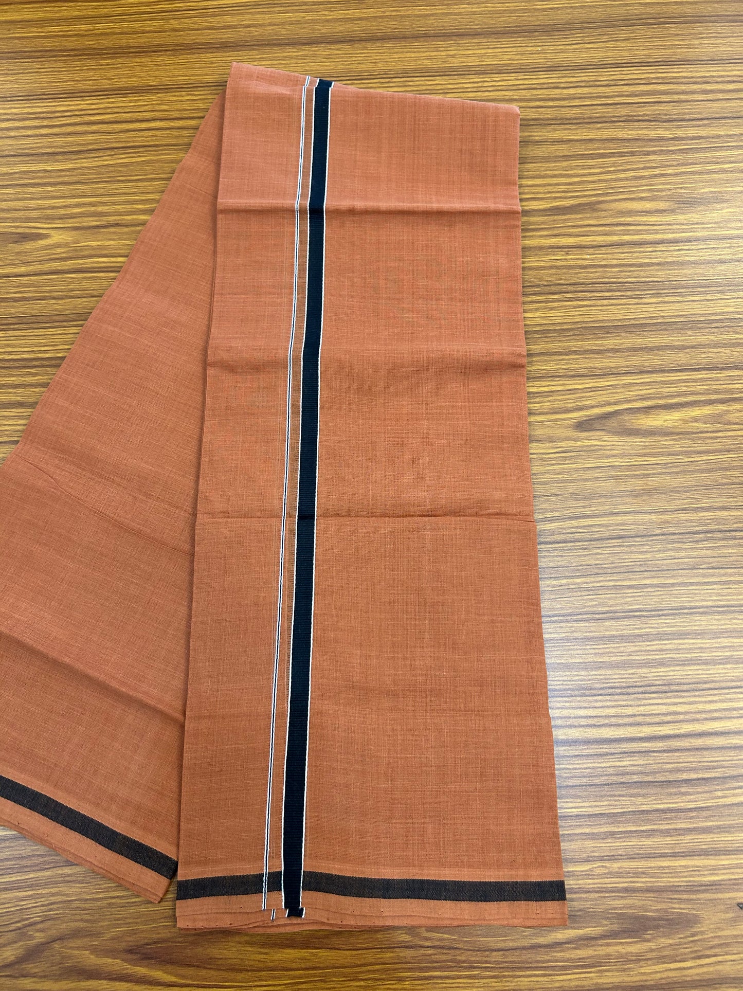 Kerala Handloom Single  - KaithariKada 100% Pure Cotton - Mundu/Dhoti Kavi Body & 0.75 inch Black & White Striped Kara - (2 meter / 4 muzham)- 42 KK8051 ELA